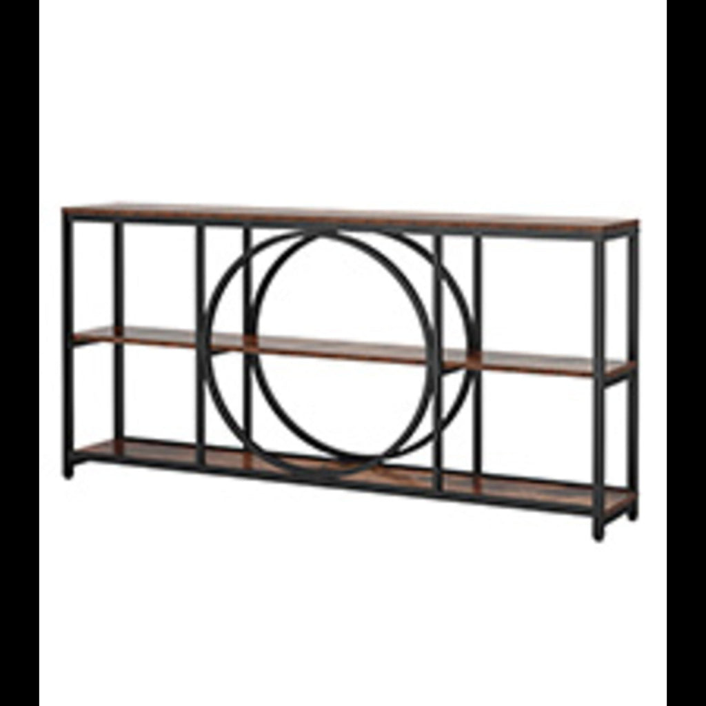 Extra Long Console Table With 3 Tier Open Shelves And Circular Frame - Brown / Black
