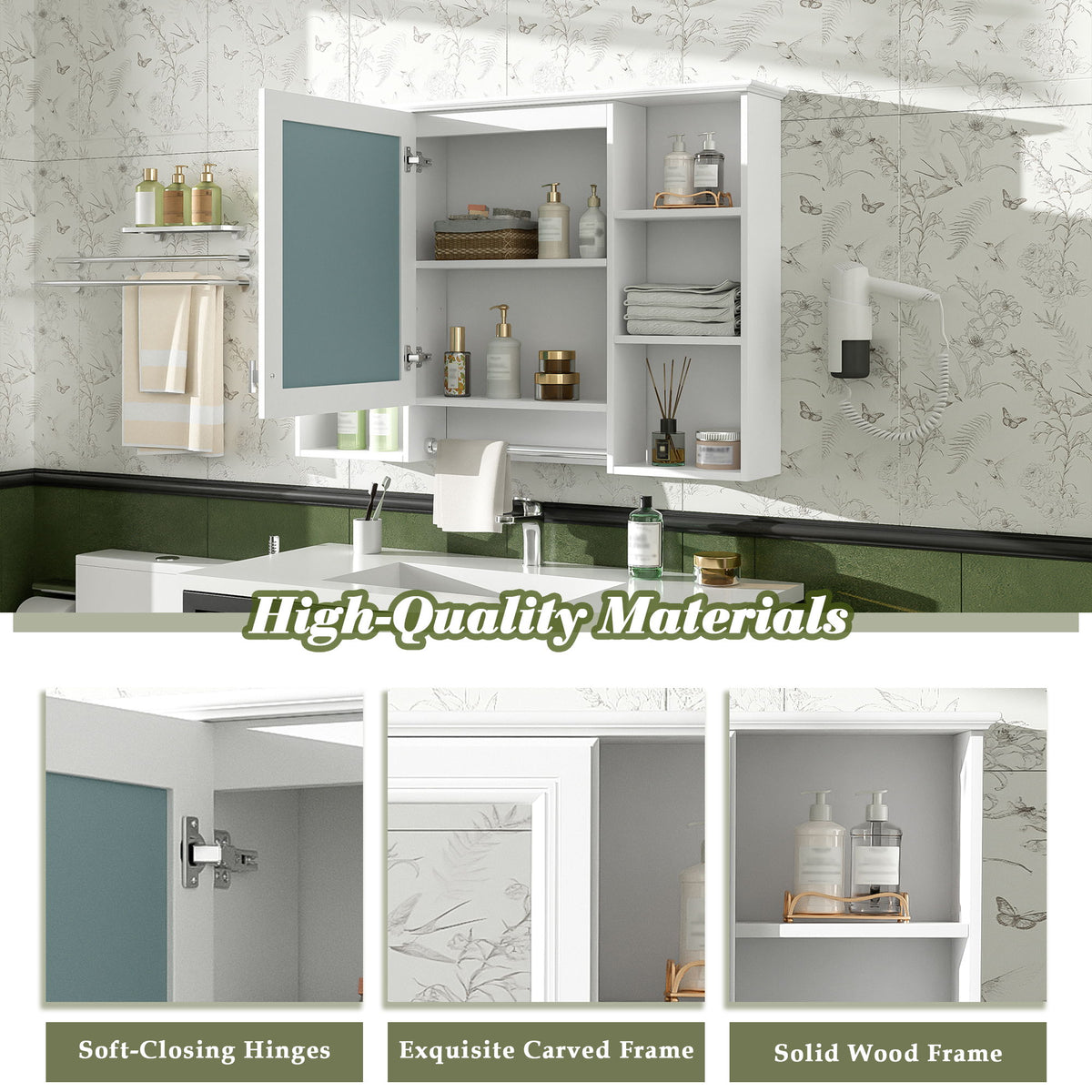 3 In 1 Modern Bathroom Mirror Cabinet With Adjustable Shelf, Soft Close Door, High Definition Mirror & Towel Bar
