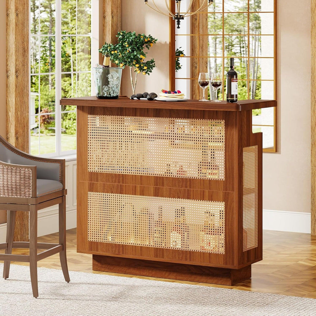 Home Bar Unit With 4 Tier Storage And Stemware Racks For Living Room - Brown