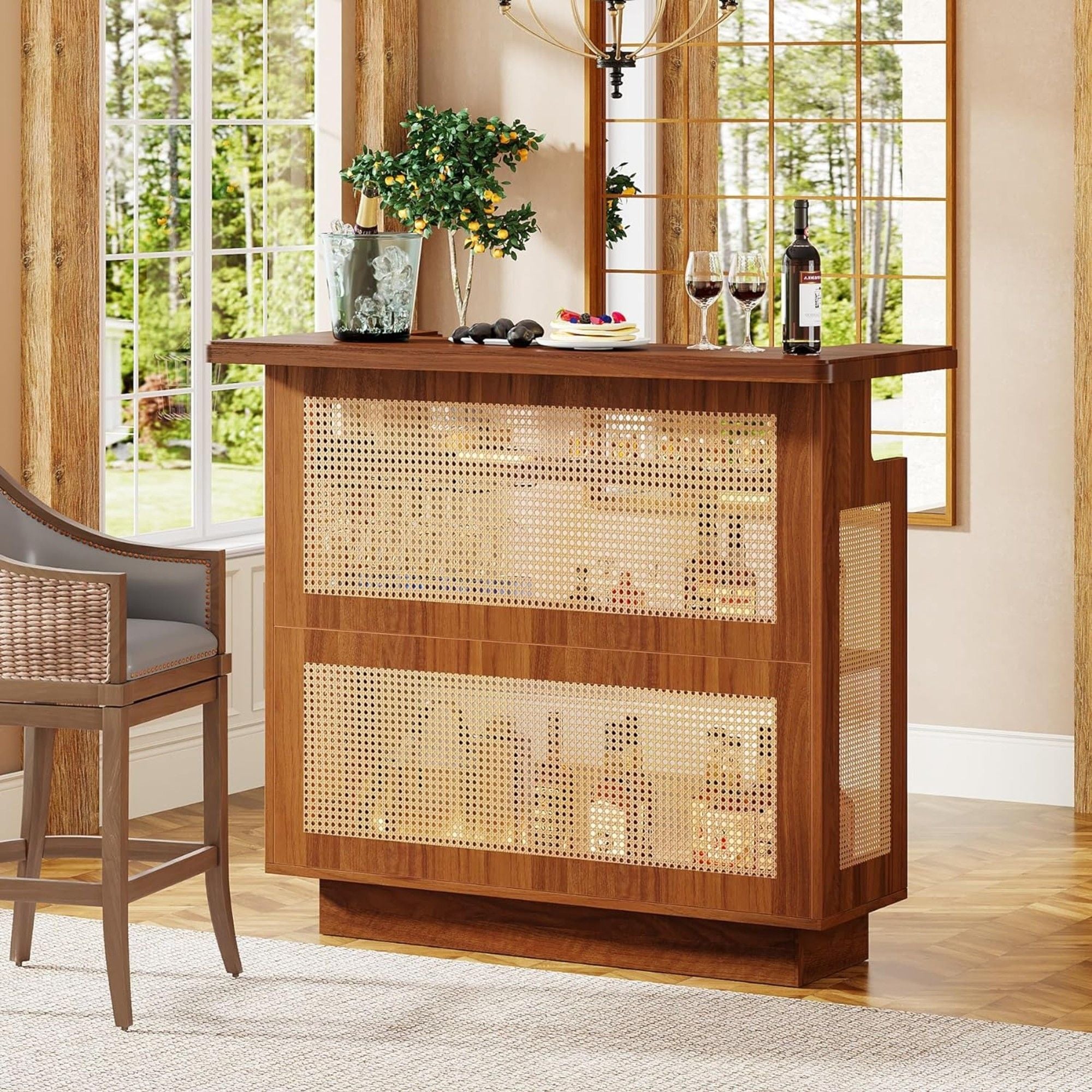 Home Bar Unit With 4 Tier Storage And Stemware Racks For Living Room - Brown