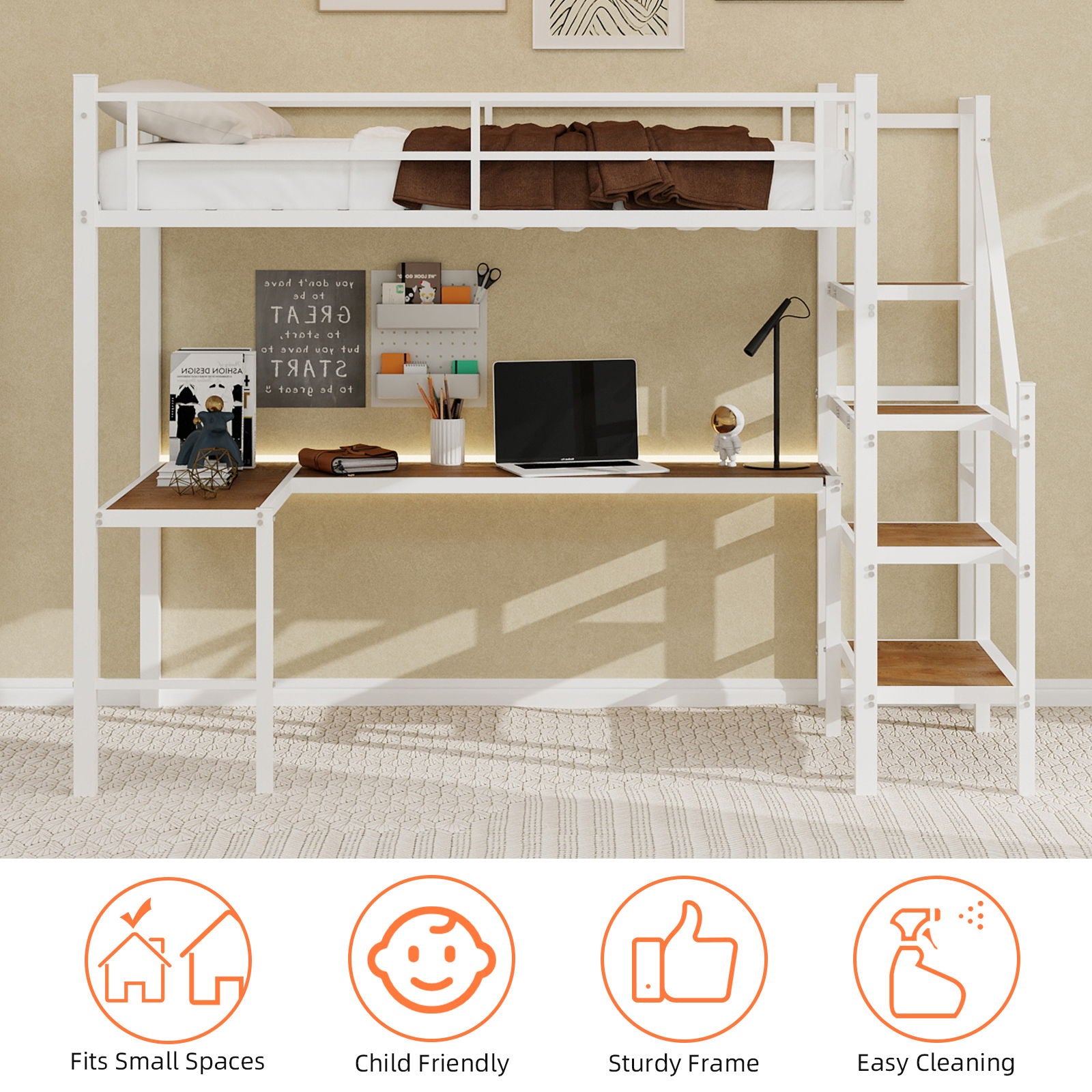 Loft Bed & L-Shaped Desk, Large Storage Space
