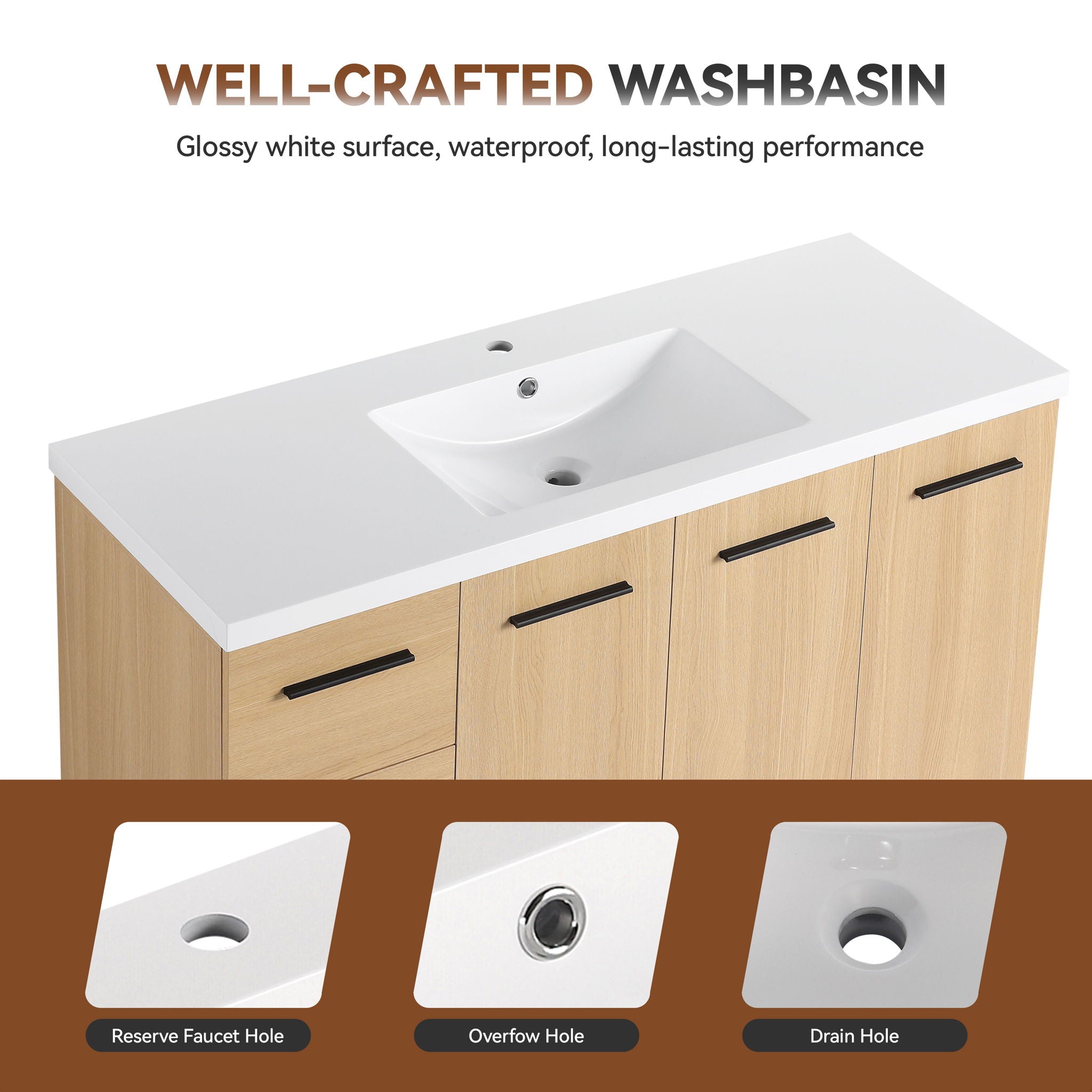Freestanding Bathroom Vanity Set With Tall Side Cabinet, 3 Drawers And 3 Door Cabinet, Integrated Sink, Large Storage - Glossy White / Light Oak
