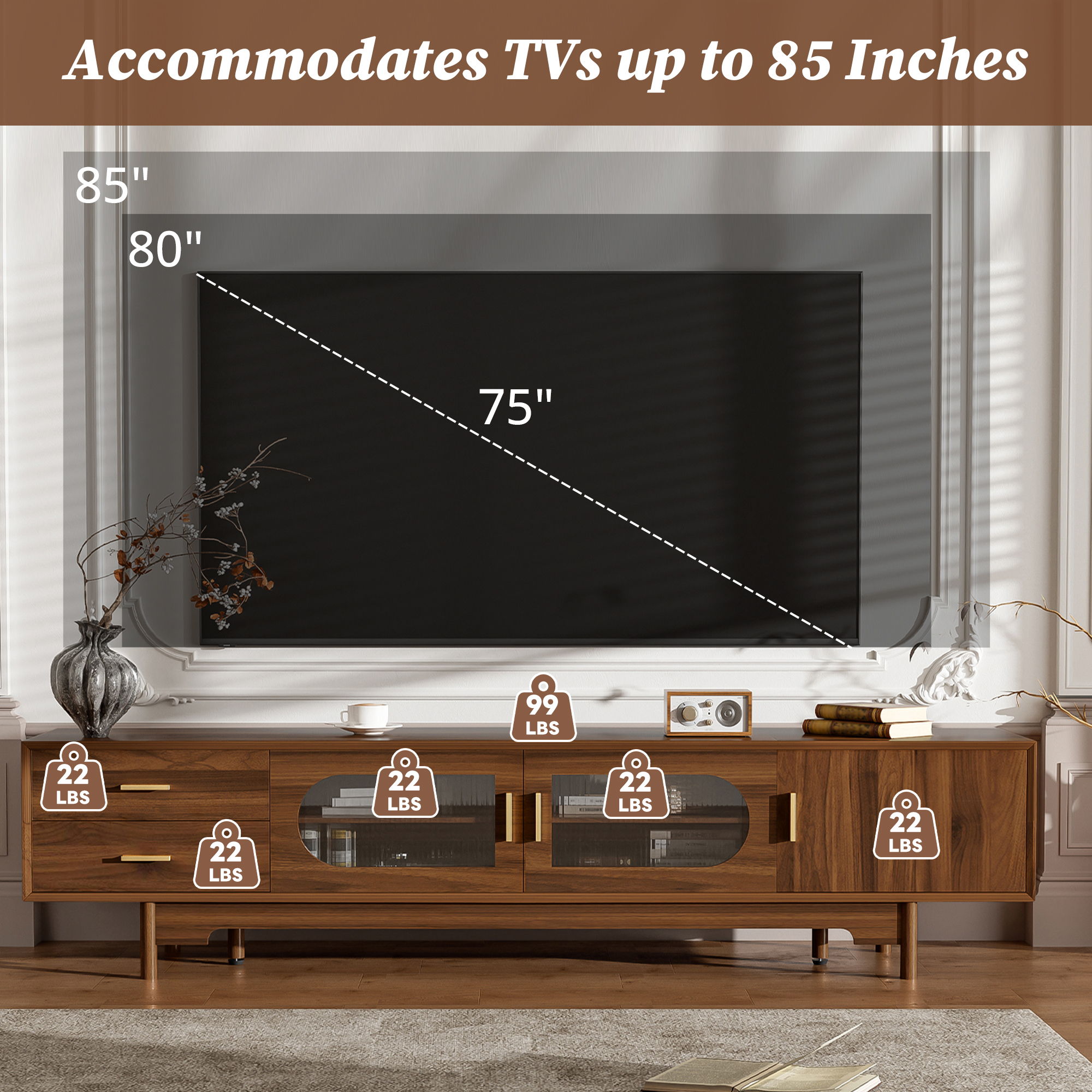 Modern TV Stand With Fluted Glass Doors & 2 Drawers