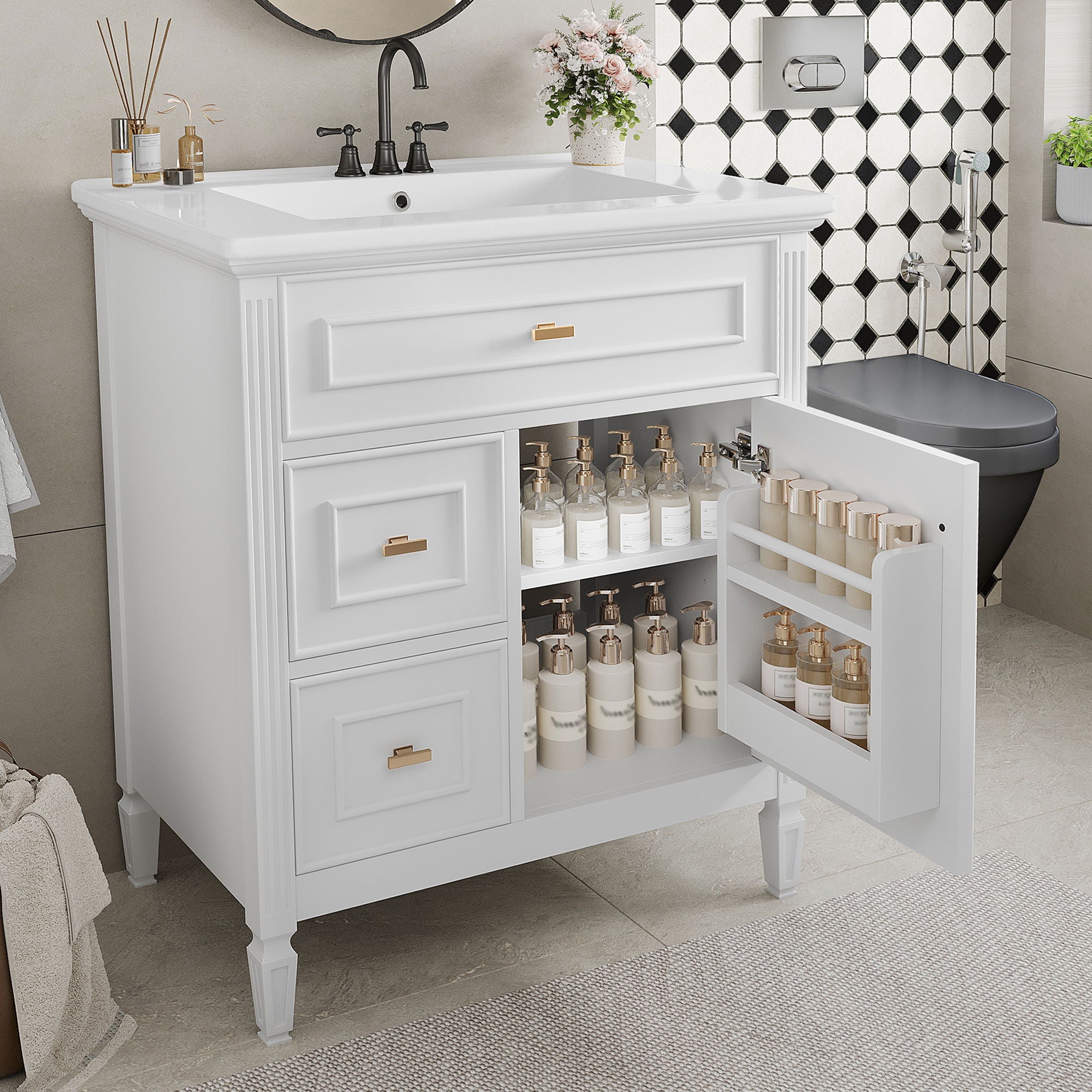 Modern Bathroom Vanity With Sink, 1 Flip Drawer And 2 Drawers, Adjustable Shelf