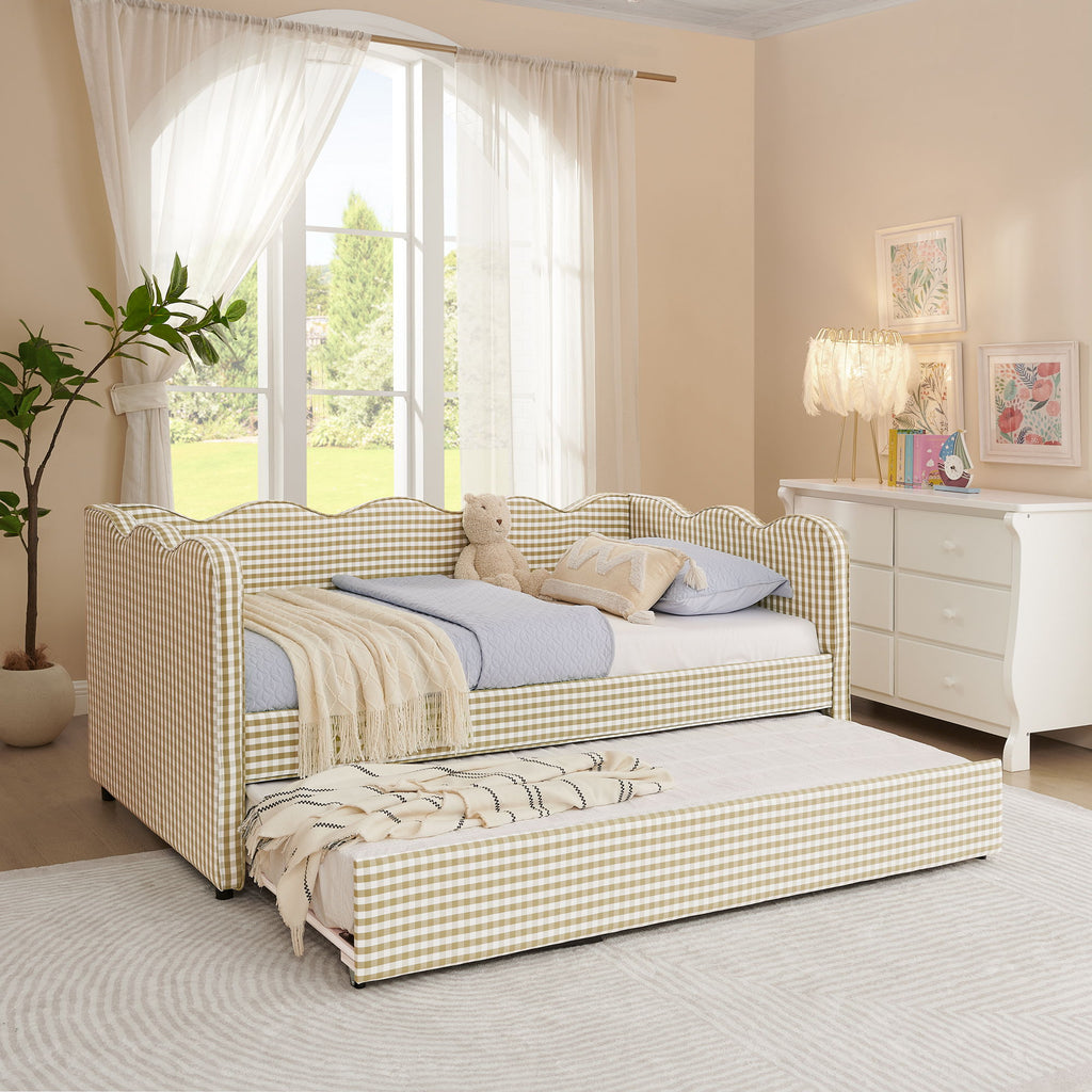 Gingham Daybed With USB Charging Port, Wave-Shaped Design