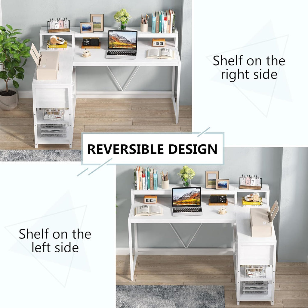 L-Shaped Home Office Desk With Monitor Riser, Drawers, And Storage Shelves