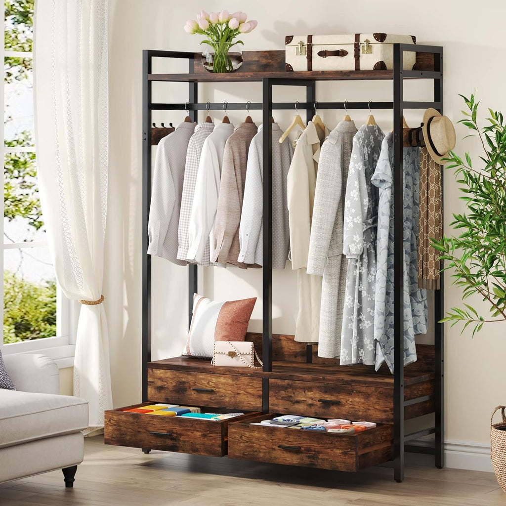 Freestanding Closet Organizer With 4 Drawers, 8 Hooks, Shelves, And Hanging Rod - Brown / Black