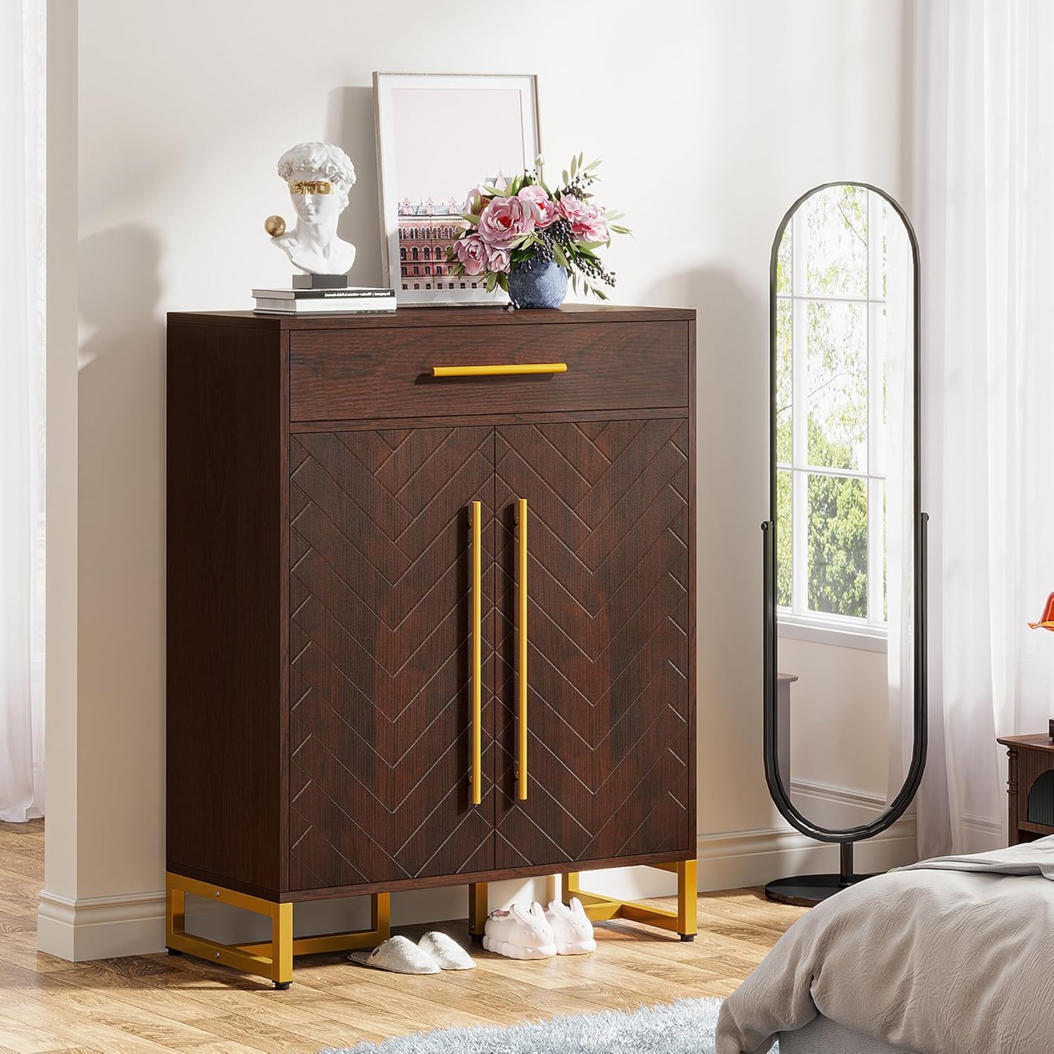 Shoe Cabinet With Doors, 6 Tier Storage Organizer - Dark Walnut