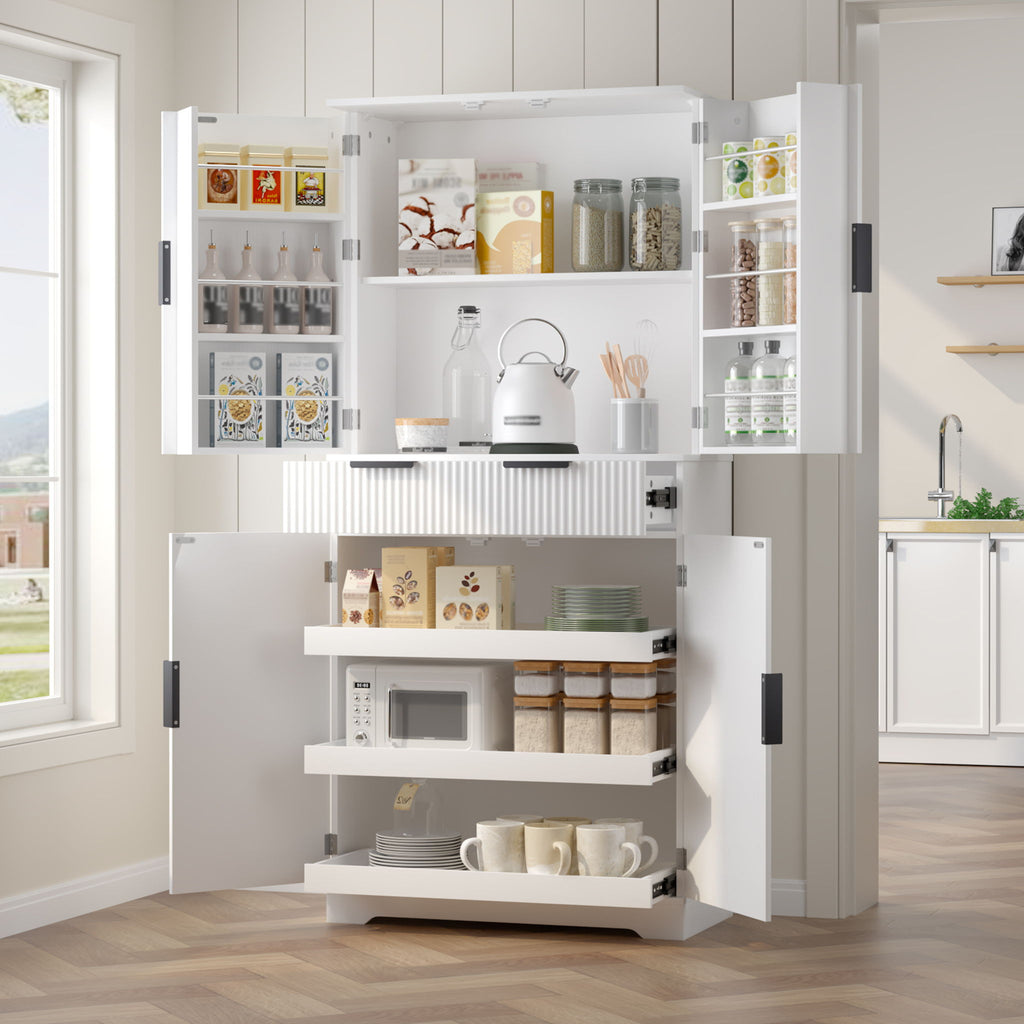 Fluted Kitchen Pantry Cabinet With 3 Keyboard Drawers & 6 Adjustable Door Shelves