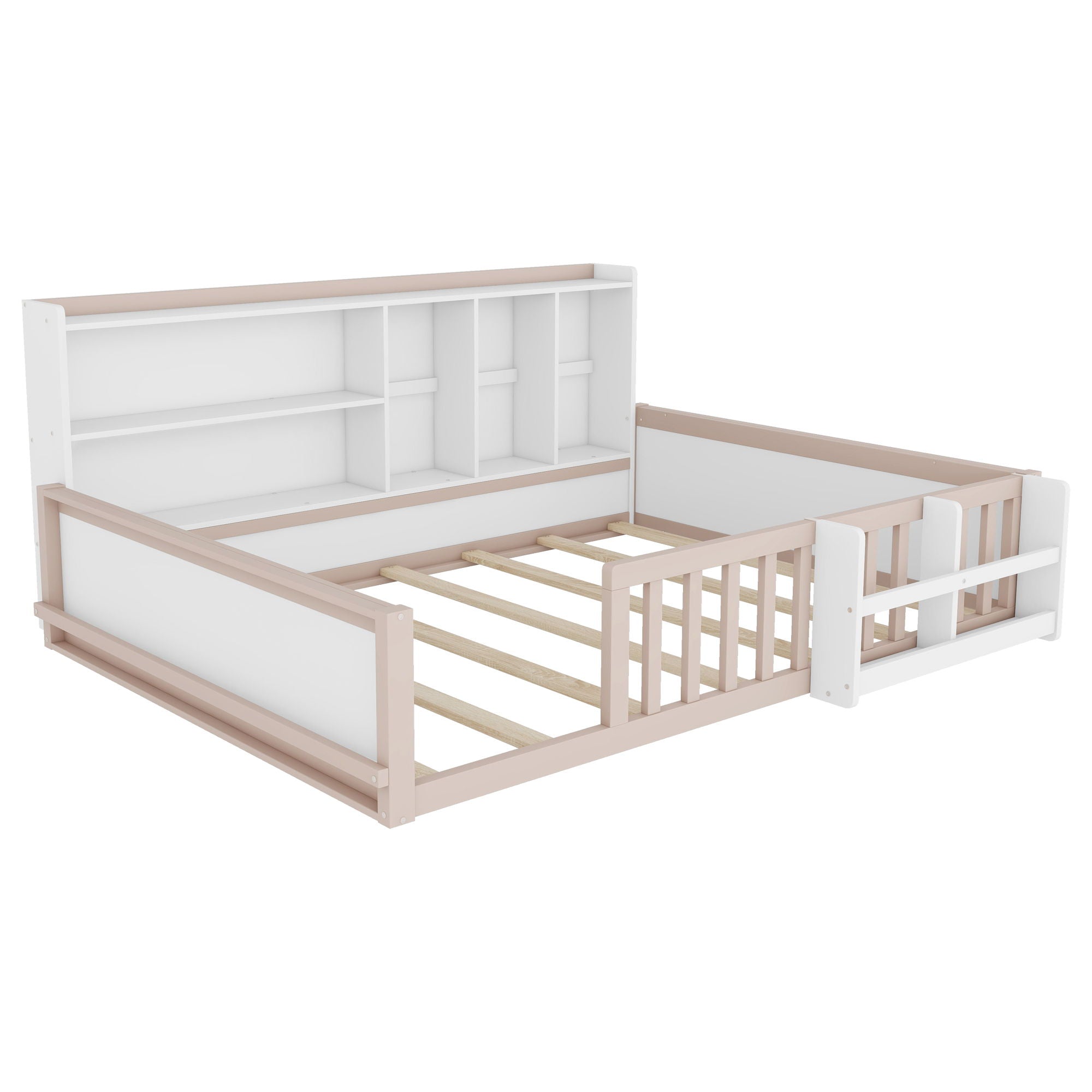 Platform Bed Frame With Guardrail, Storage Shelves & Bookshelf
