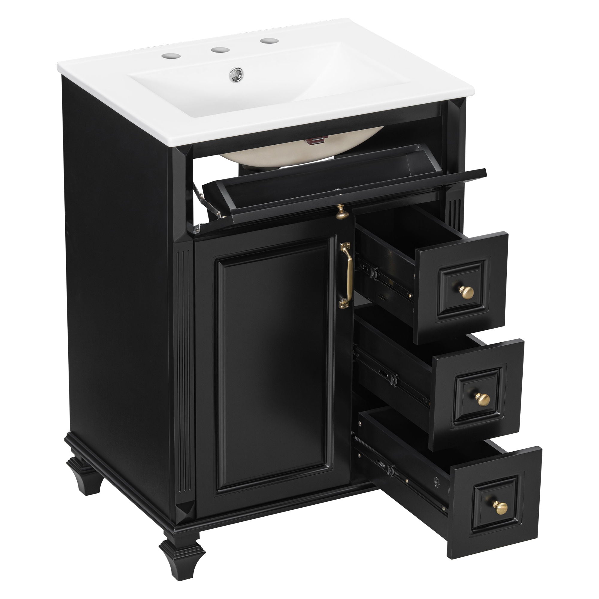 Freestanding Bathroom Vanity With Sink, 3 Drawers & Flip-Out Drawer