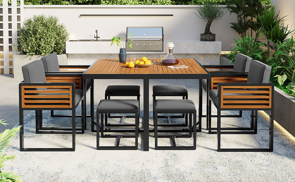 Acacia Wood Patio Dining Set, Cushioned Chairs & Ottomans Square Table