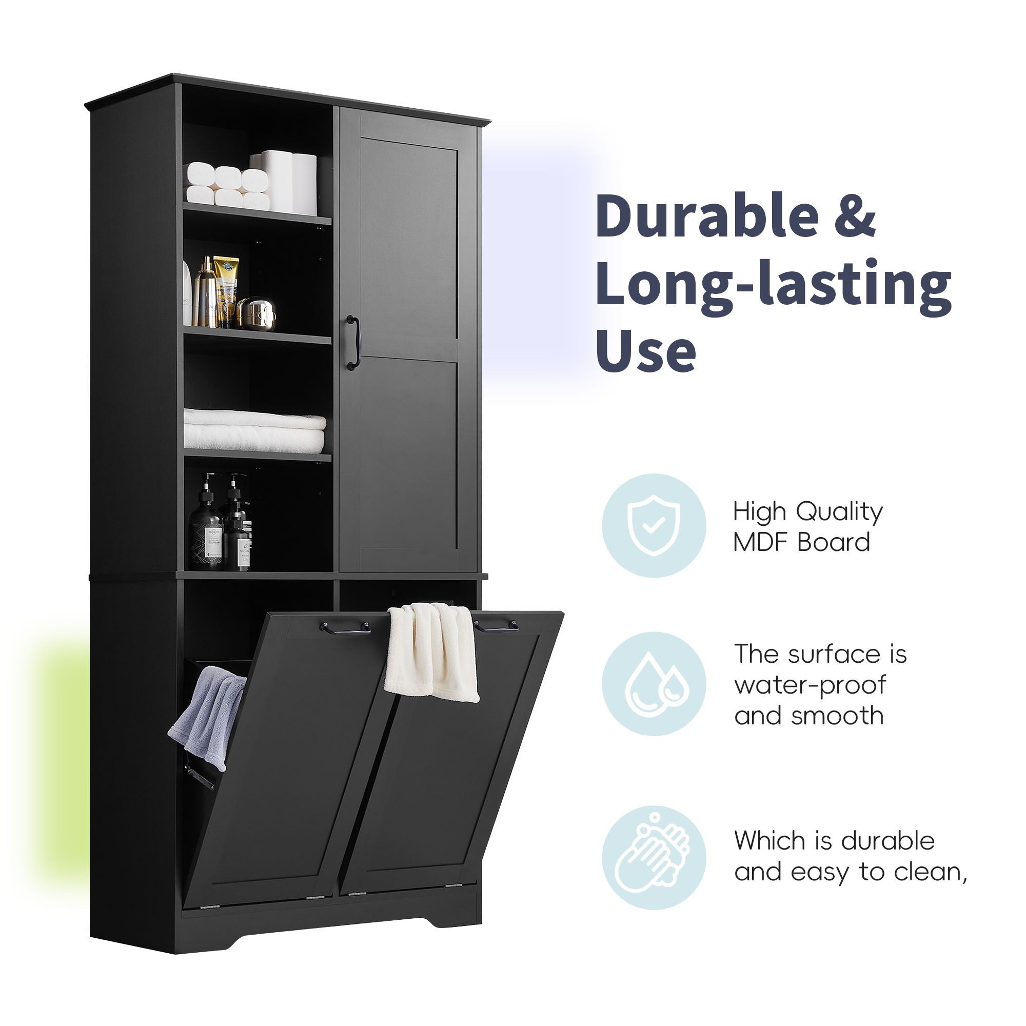 Freestanding Bathroom Storage Cabinet With Doors And Drawers, Adjustable Shelves, Tilt-Out Laundry Hamper
