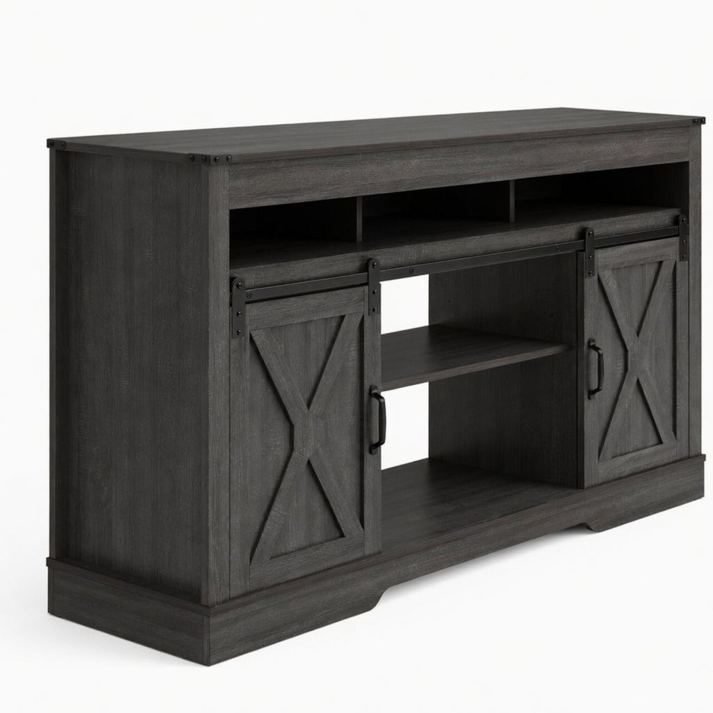 Farmhouse TV Stand With Sliding Barn Doors & Adjustable Storage