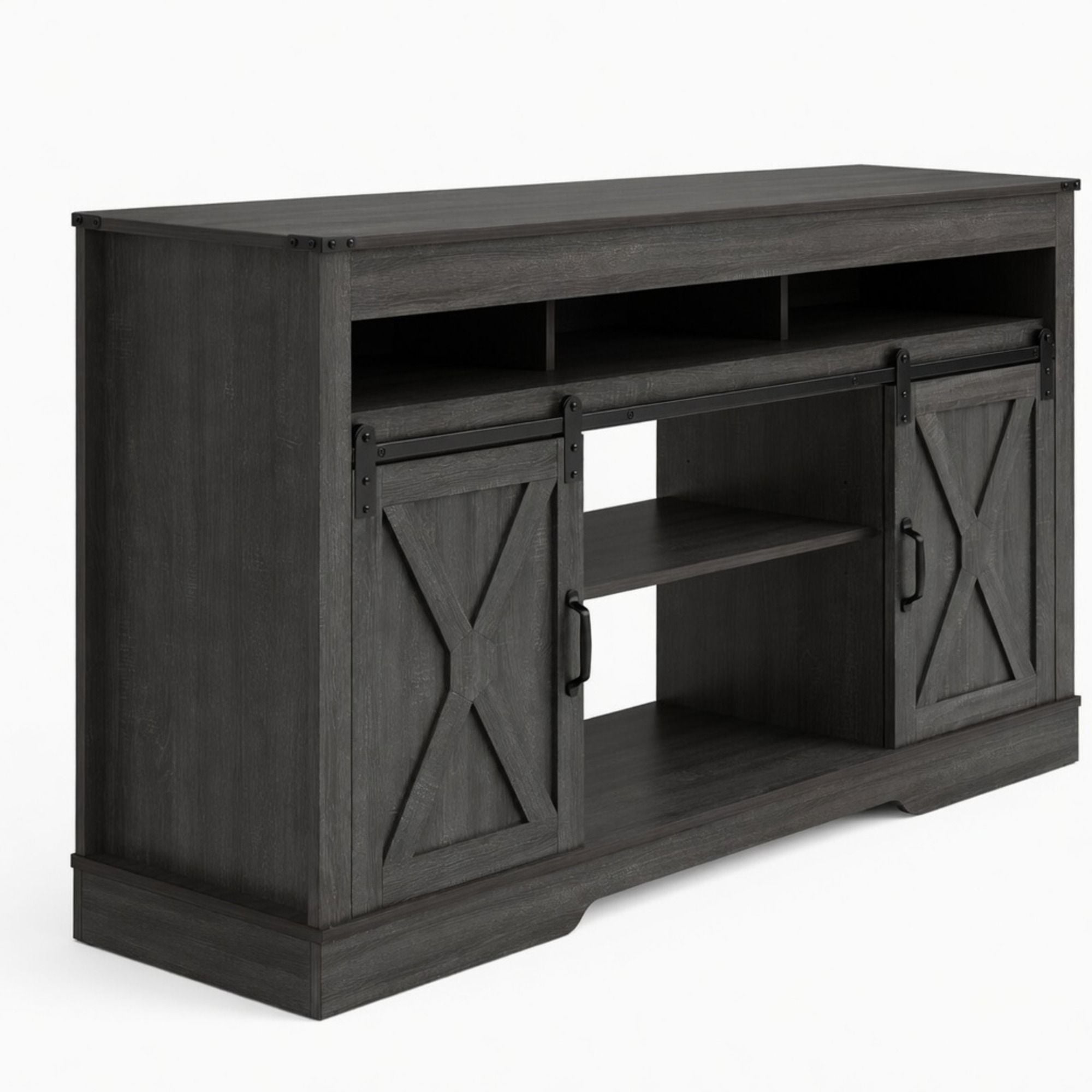 Farmhouse TV Stand With Sliding Barn Doors & Adjustable Storage