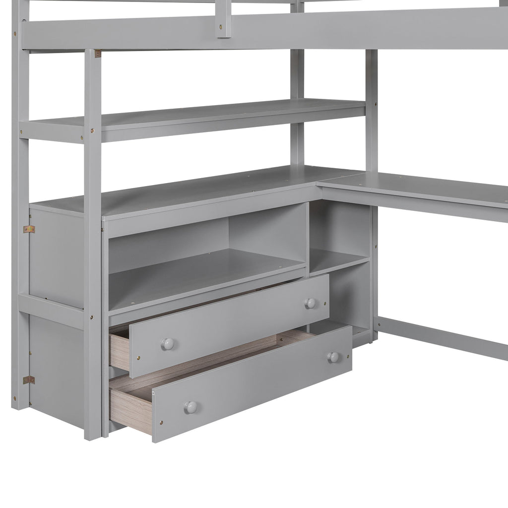 Loft Bed With Desk, Shelves, 2 Drawers, Storage Staircase