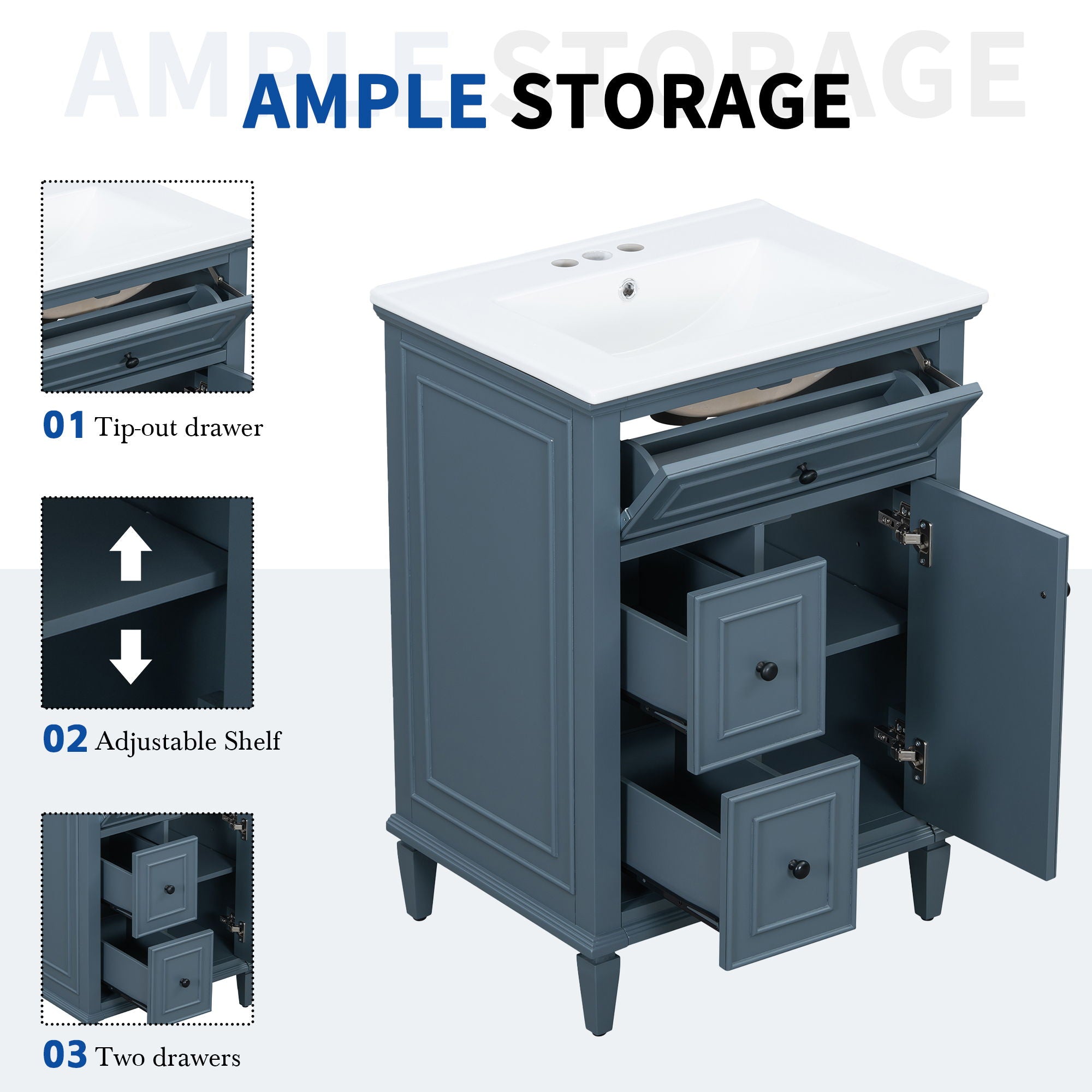 Modern Bathroom Vanity With Sink, Adjustable Shelf, 1 Flip Drawer & 2 Drawers