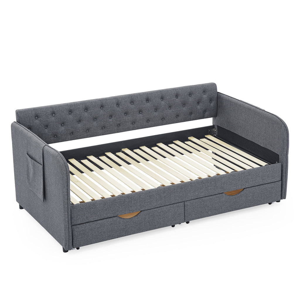 Daybed With Trundle And Storage Drawers, Flat Arms With Pocket