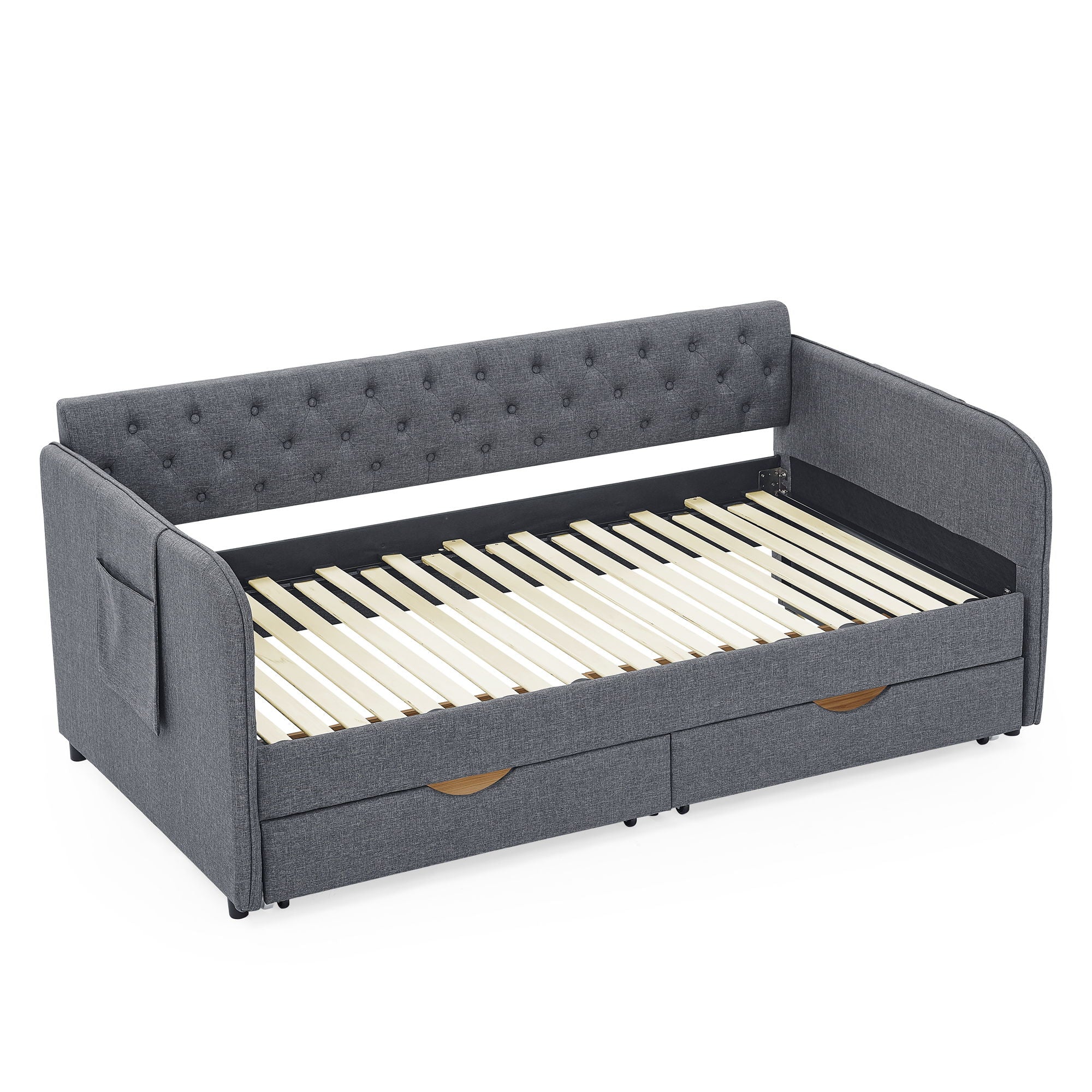 Daybed With Trundle And Storage Drawers, Flat Arms With Pocket