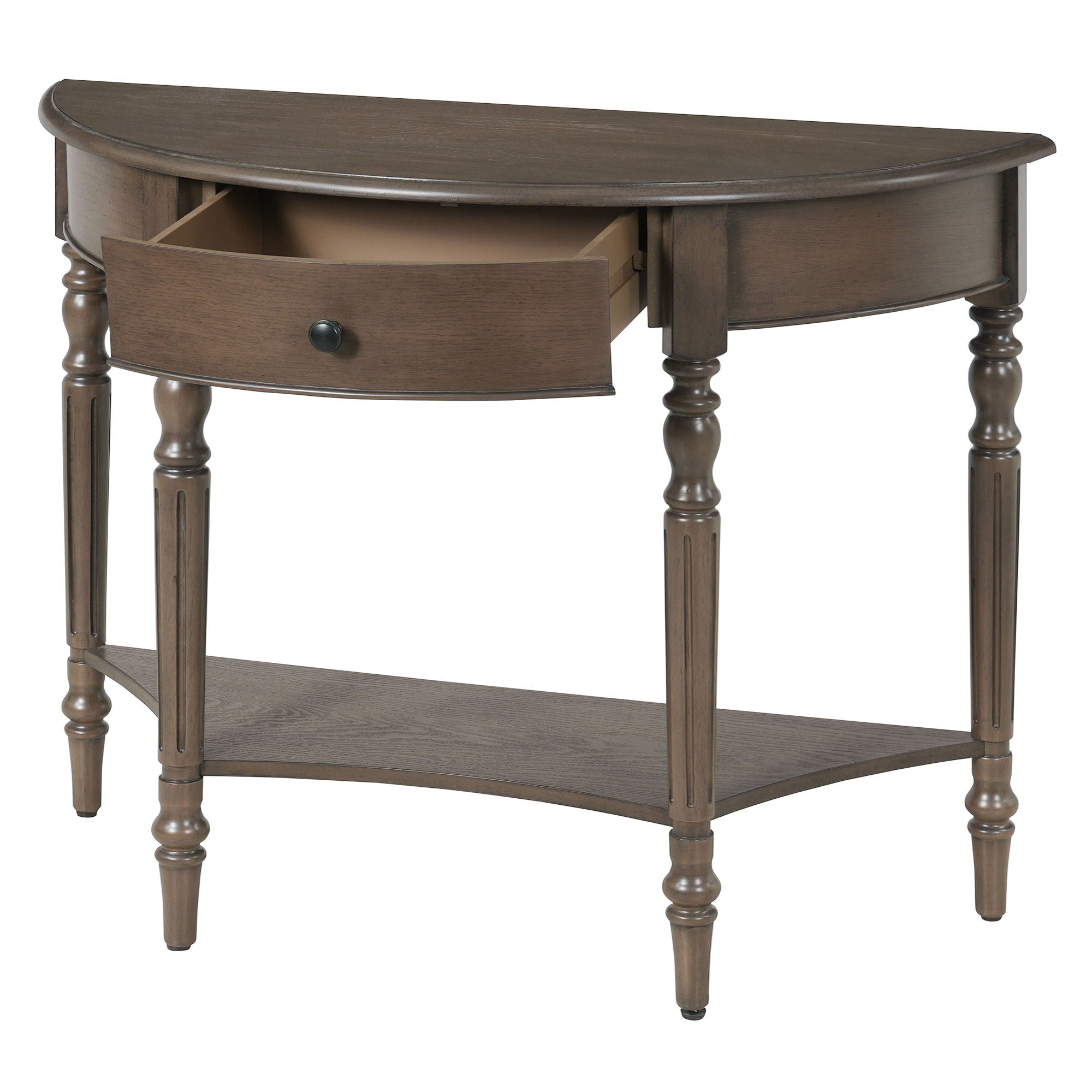 Half Moon Console Table With Drawer & Shelf For Living Room - Walnut