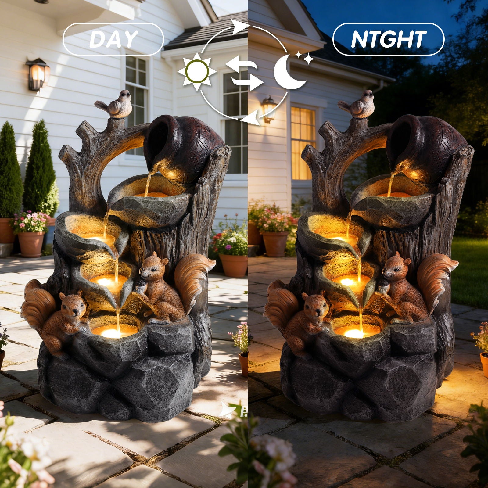 Outdoor Squirrel, Tiered Waterfall Fountain With LED Light For Patio - Gray
