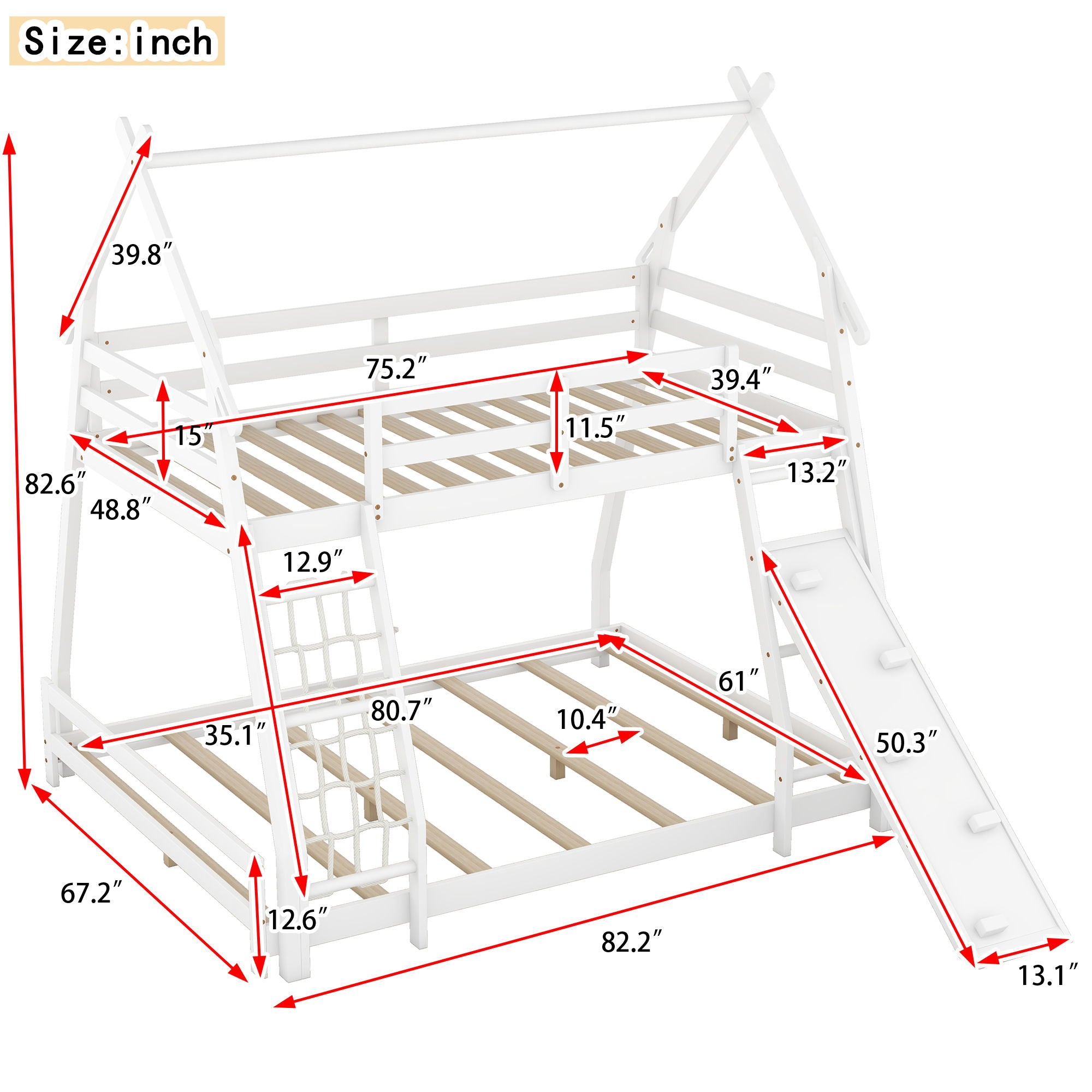 Twin Over Queen House Bunk Bed With Climbing Nets And Ramp - White
