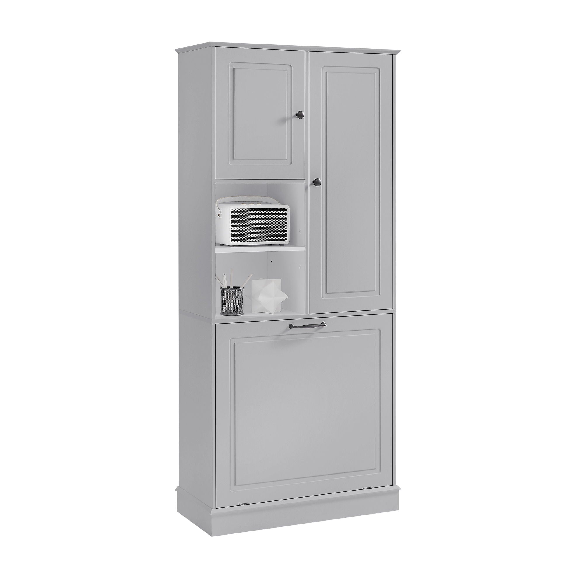 Modern Tall Storage Cabinet With Adjustable Shelves, Flip-Out Basket & Enclosed Doors