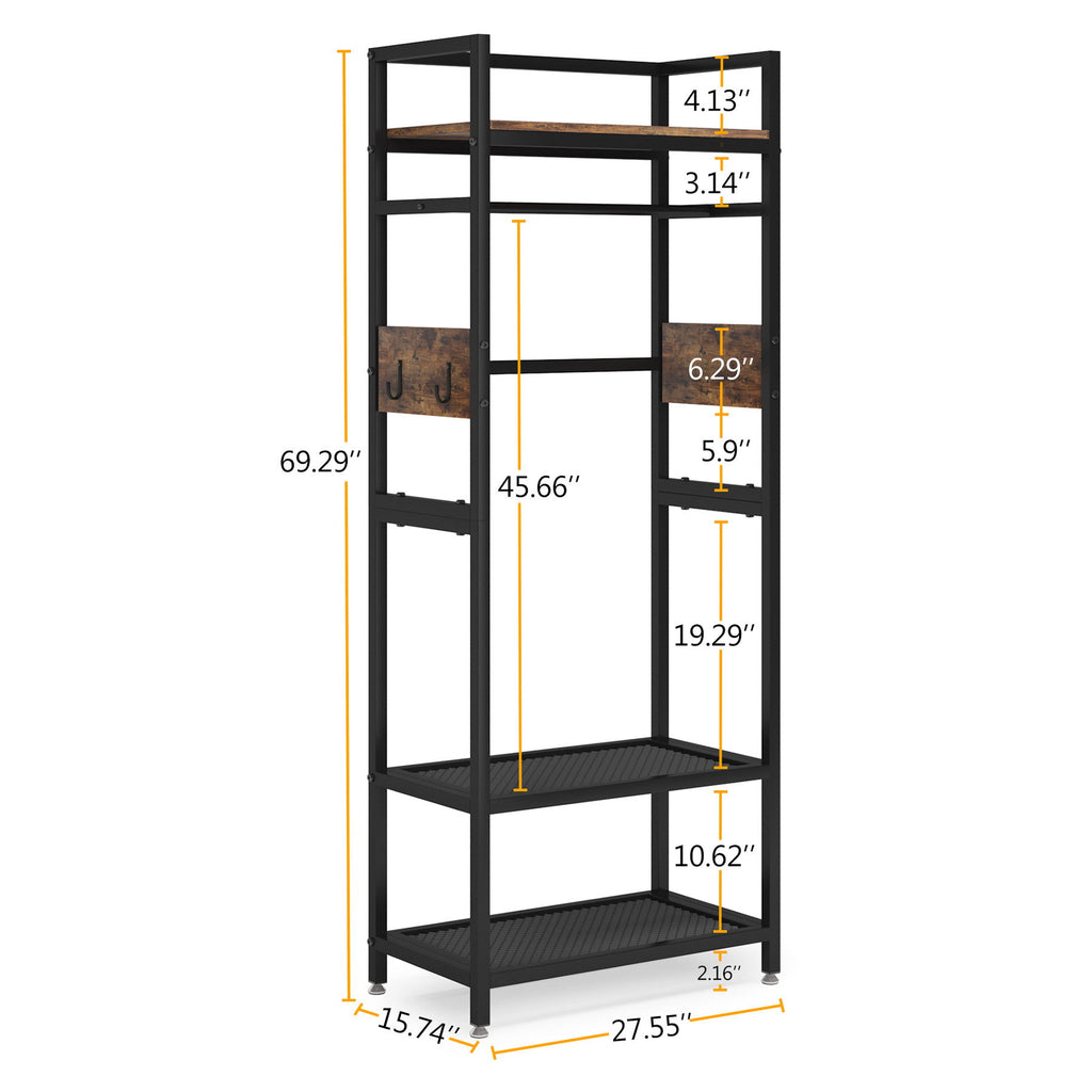 Rack With Hanging Rod, 4 Hooks, Heavy Duty Freestanding Closet Organizer - Brown / Black