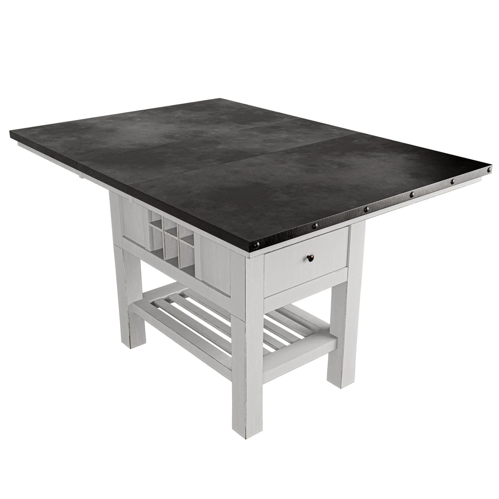 Counter Height Dining Table With 2 Leaves, Under Table Storage - Antique White / Gray