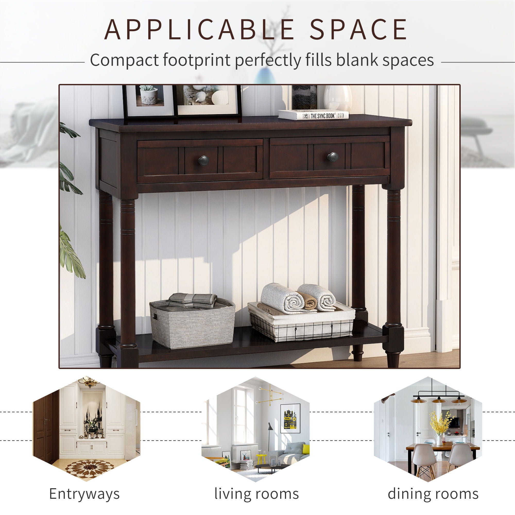 Hearth & Haven Emily Daisy - Console Table With 2 Drawers And Bottom Shelf - Espresso