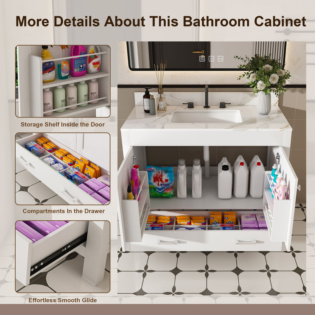 43" Bathroom Vanity, Multi Functional Cabinet With Doors And Drawer - White