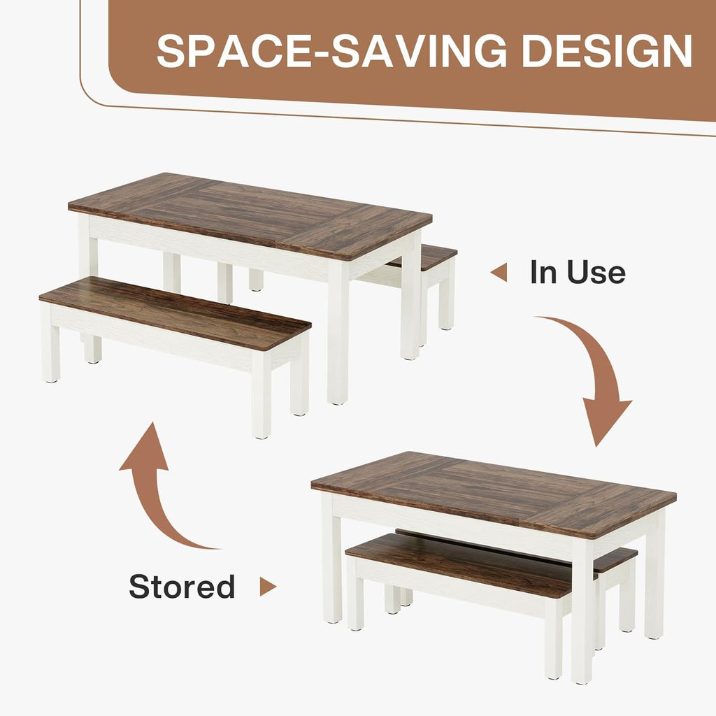 Dining Table Set For 4 - 6 With 2 Tuck Under Benches - Brown / White