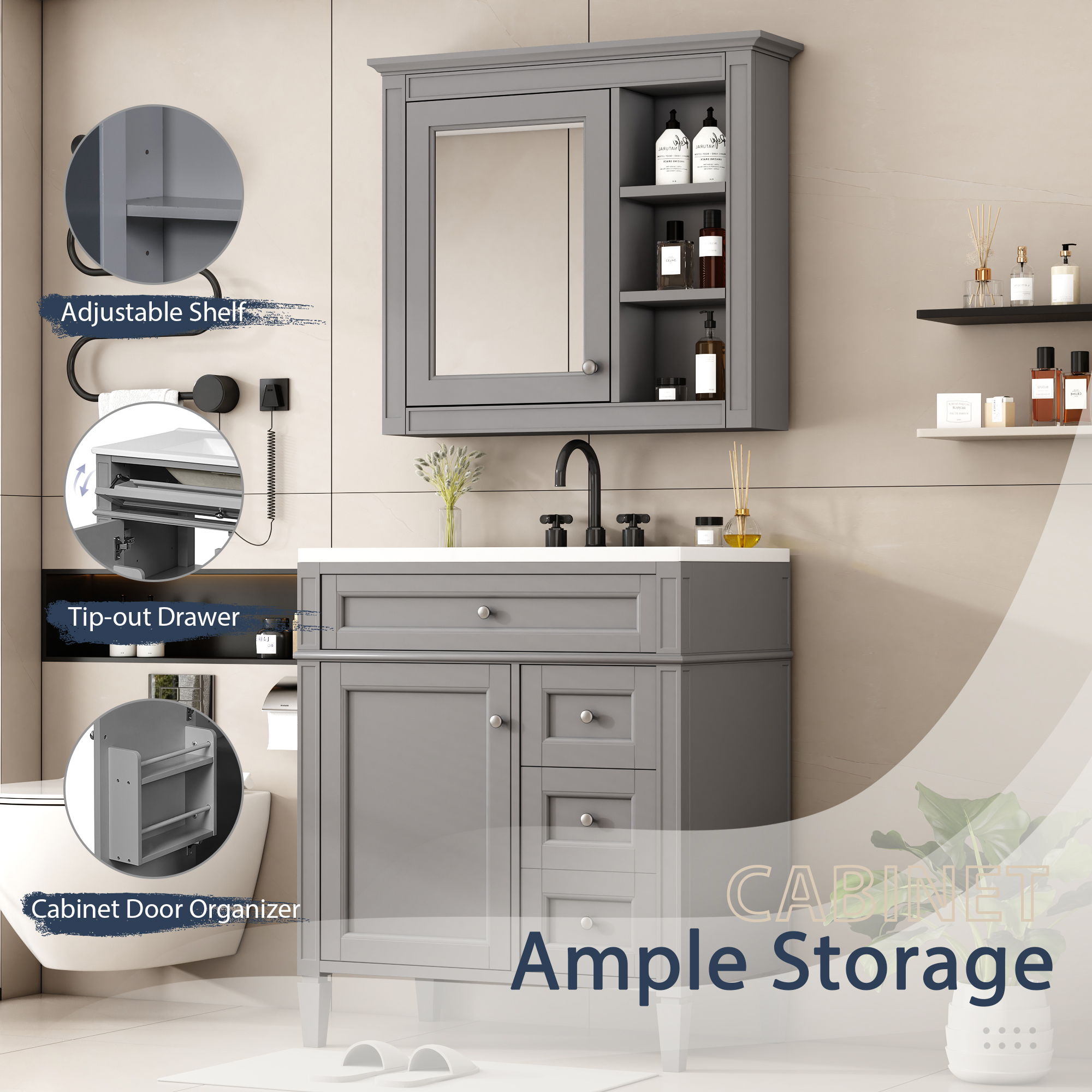 Bathroom Vanity With Top Sink, Freestanding Storage Cabinet With 2 Doors And 3 Drawers, Mirror Cabinet Included - Gray