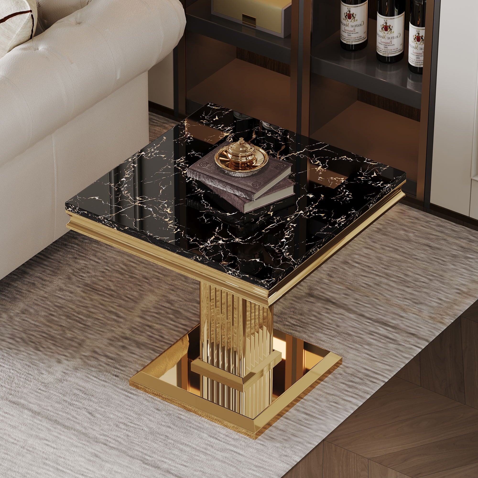 Marble Printed Rectangular End Table With Stainless Steel Legs - Gold / Black