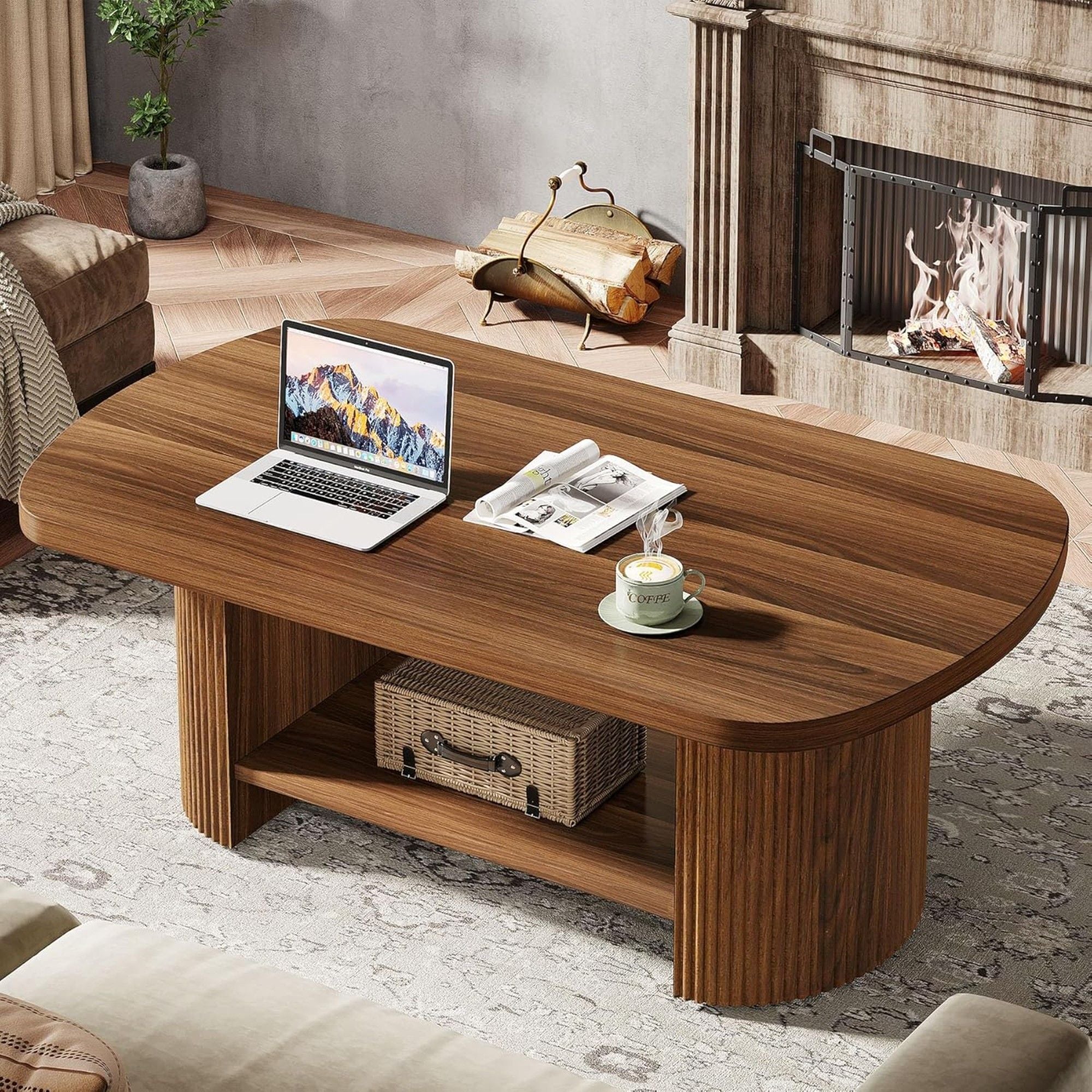 2 Tier Oval Coffee Table With Storage Shelf For Living Room - Rustic Brown