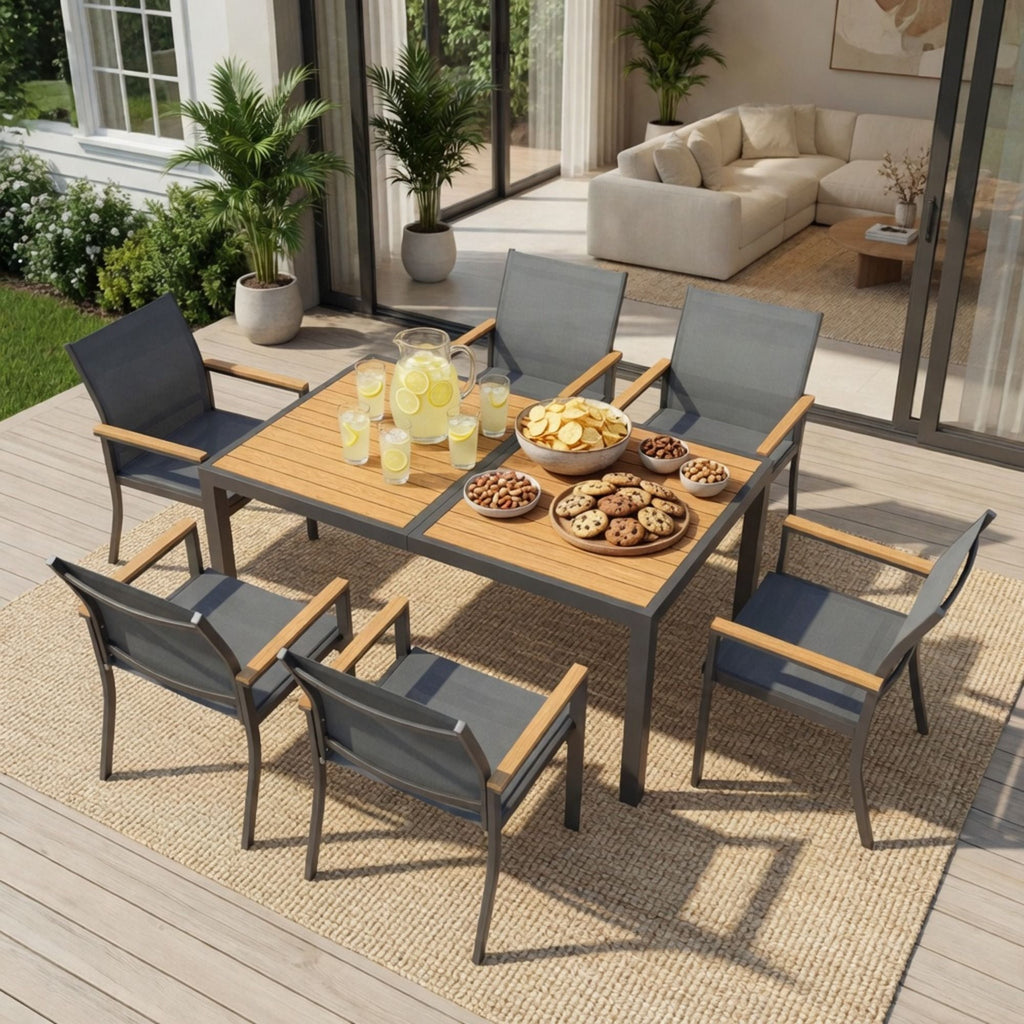 7 Piece Gray Aluminum Patio Dining Set With Textilene Chairs For Outdoor Living Frame With Accents, 59" Rectangle Table, All Weather Durable