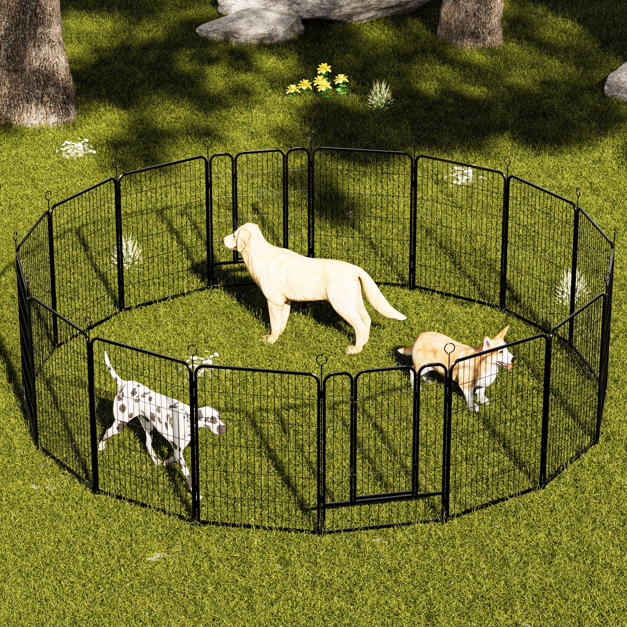 Dog Playpen, 16 Panels Pet Exercise Pen Indoor / Outdoor Fence With Anti Skid Base - Black