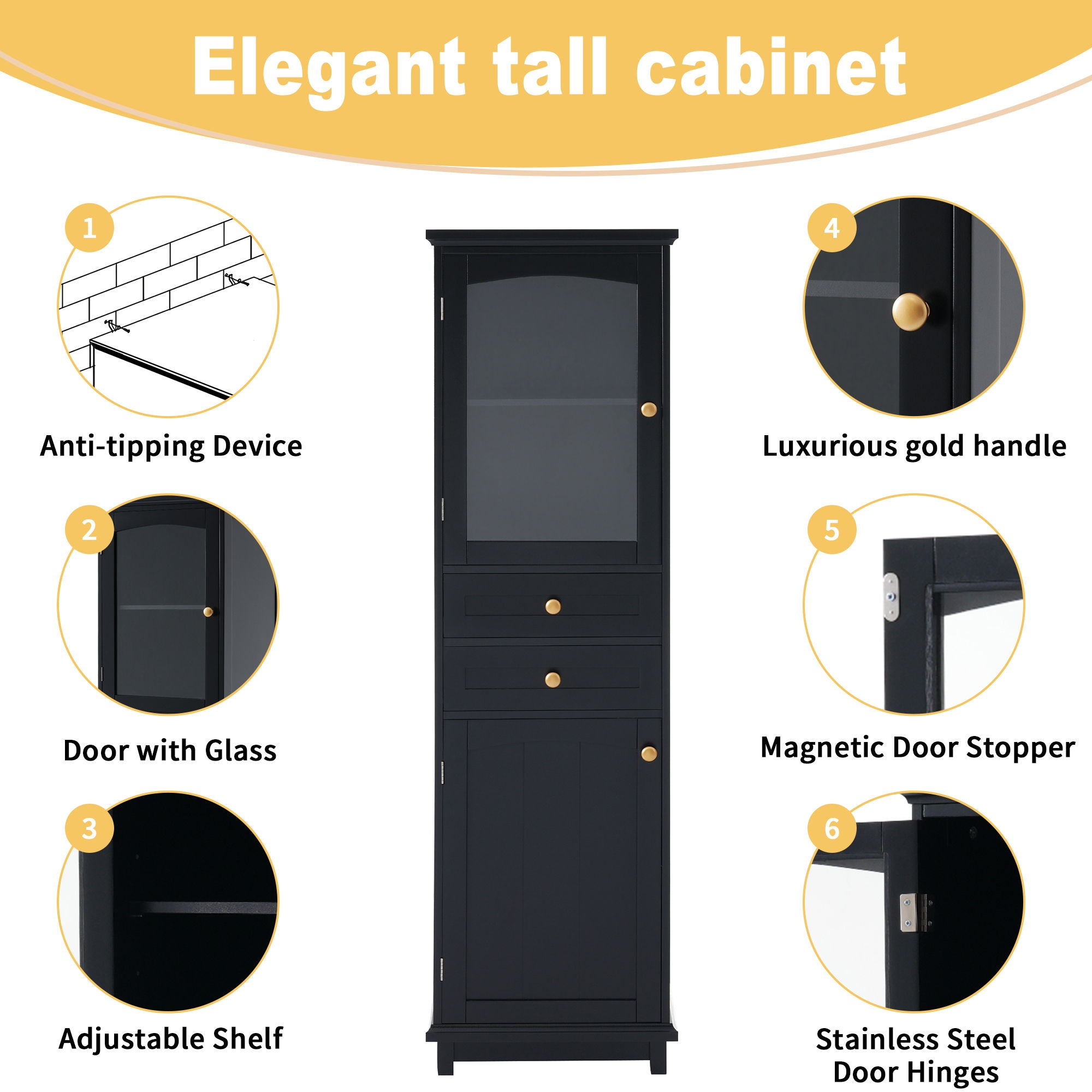 Tall Bathroom Storage Cabinet With Glass Doors, Free-Standing, Two Drawers, And Adjustable Shelves, Board, Painted Perfect For Displaying Your Favorite Items