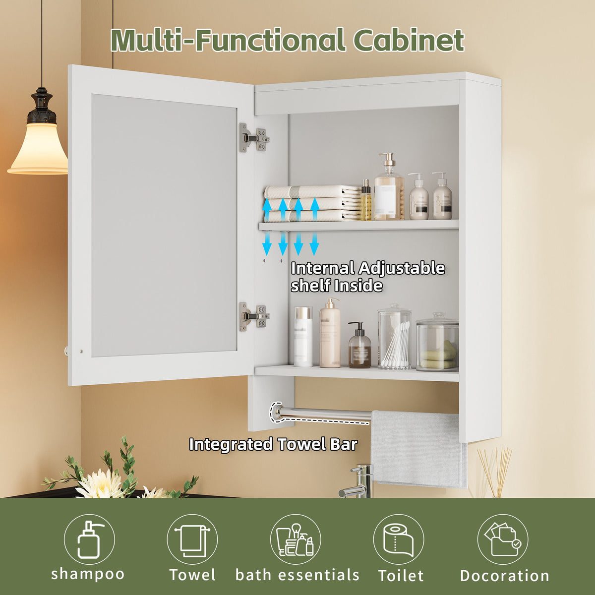3 In 1 Wall Mounted Bathroom Mirror Cabinet With Adjustable Shelf, Soft Close Door, Mirror & Towel Bar - White