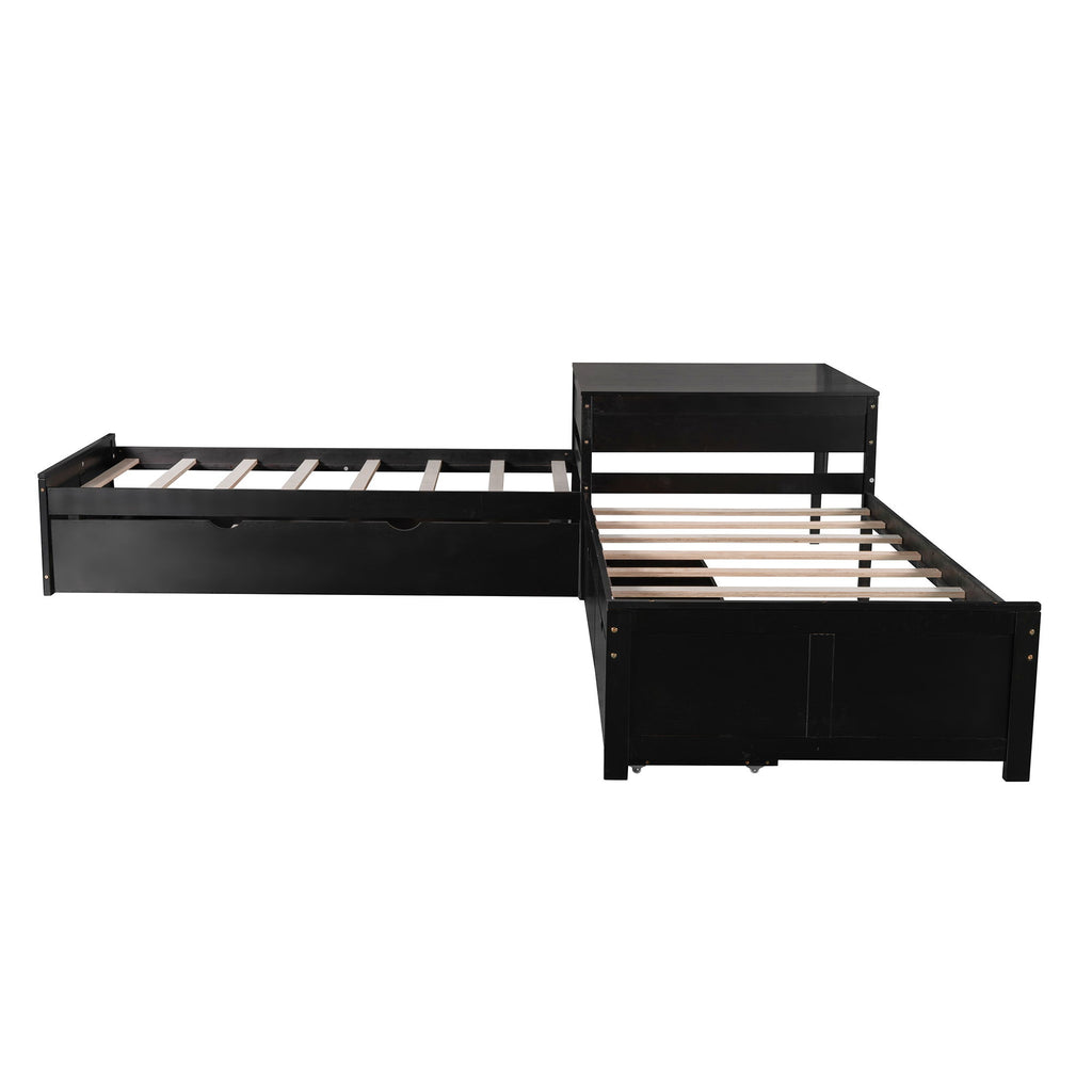 L Shaped Platform Bed With Trundle And Drawers Linked With Built In Desk