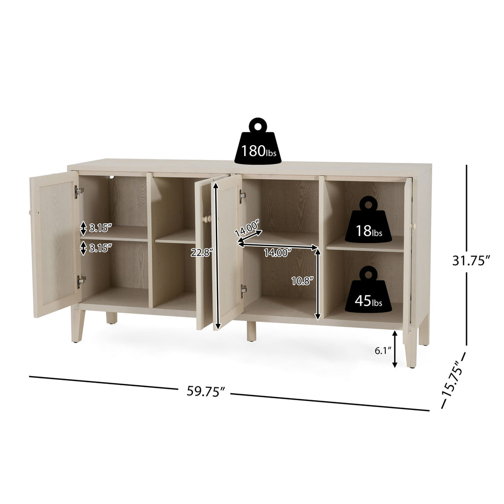 Wood Sideboard With Adjustable Shelves And Storage Cabinet - White Washed