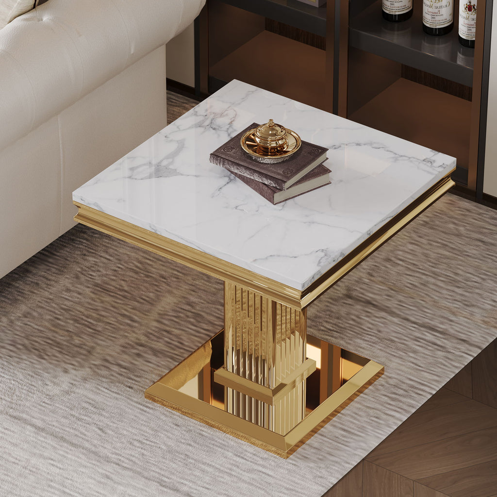Marble Printed Top Rectangular End Table, Base With Mirrored Finish