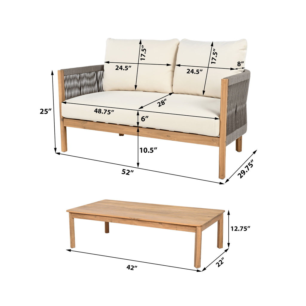 2 Pieces Outdoor Acacia Furniture Set, Woven Rope Outdoor Patio Loveseat, 2 Seat Deep Seating Group With Cushions And Coffee Table For Porch - Teak / Gray / Beige