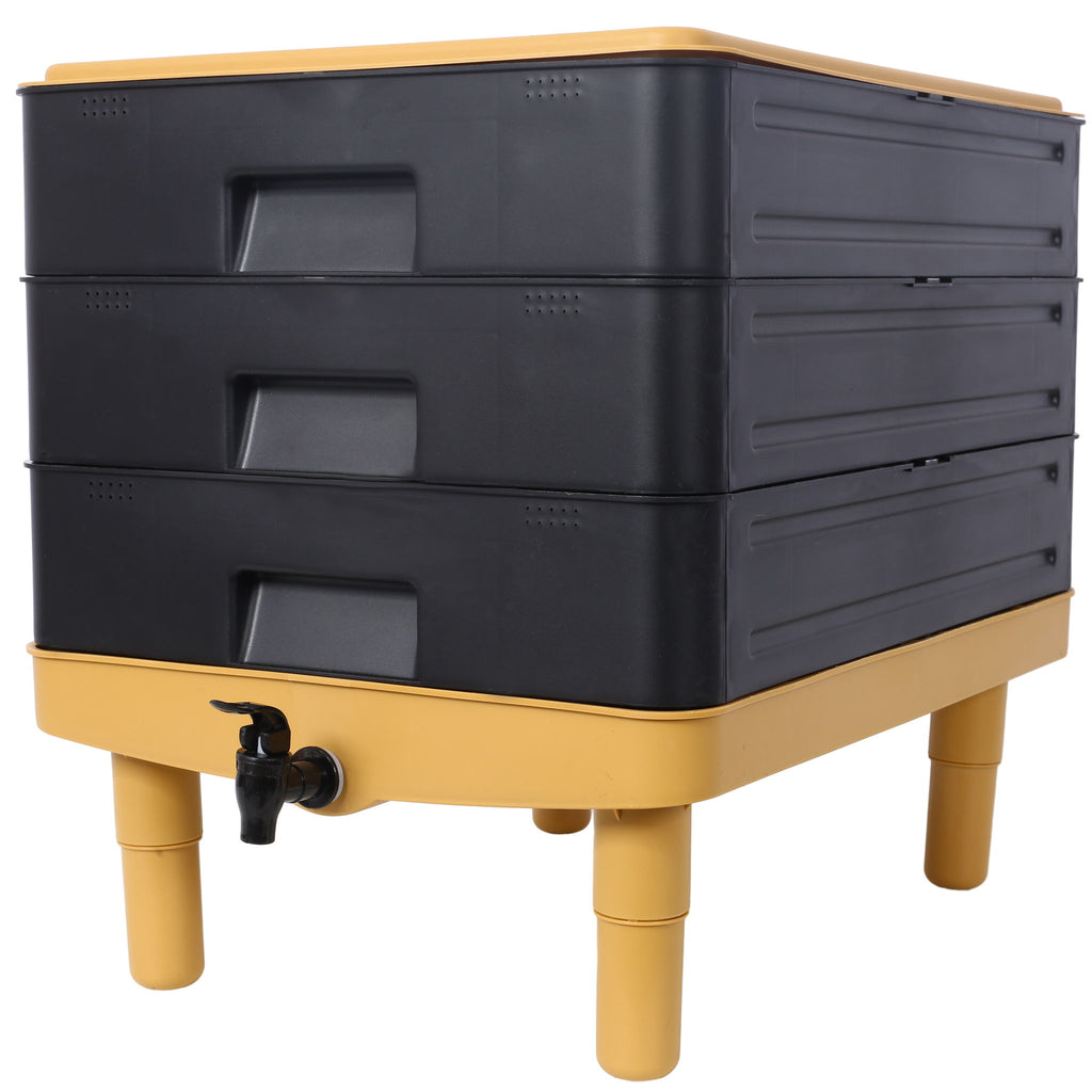 Durable 3 Tray Worm Farm Kit For Efficient Vermicomposting, 65L Capacity - Yellow / Black