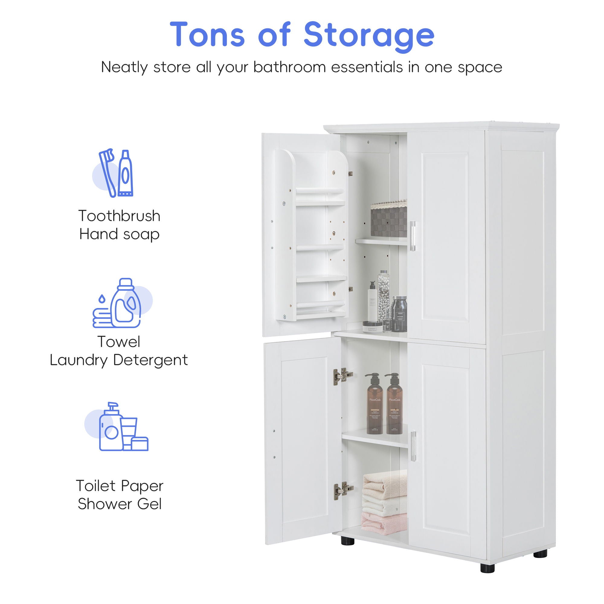Tall And Wide Bathroom Floor Storage Cabinet With 4 Doors, Adjustable Shelves - White