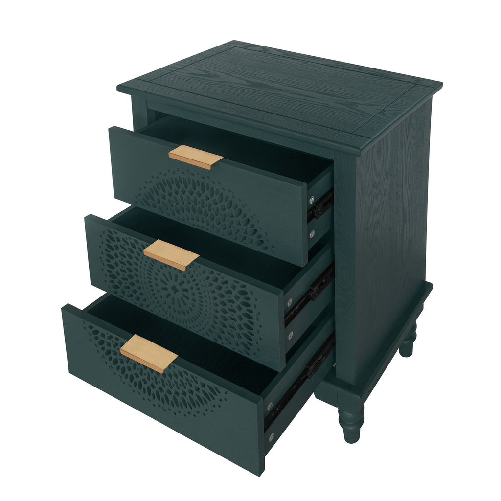 Hollow Carved 3 Drawer Dresser With Metal Handles, Storage Chest For Living Room Or Bedroom - Blackish Green