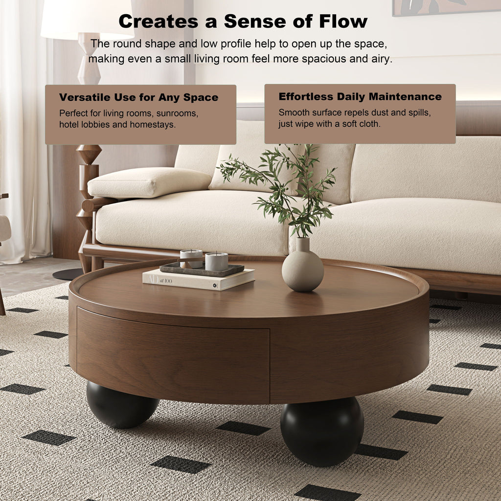 Round Coffee Table With Storage Drawer And Ball Feet - Walnut / Black