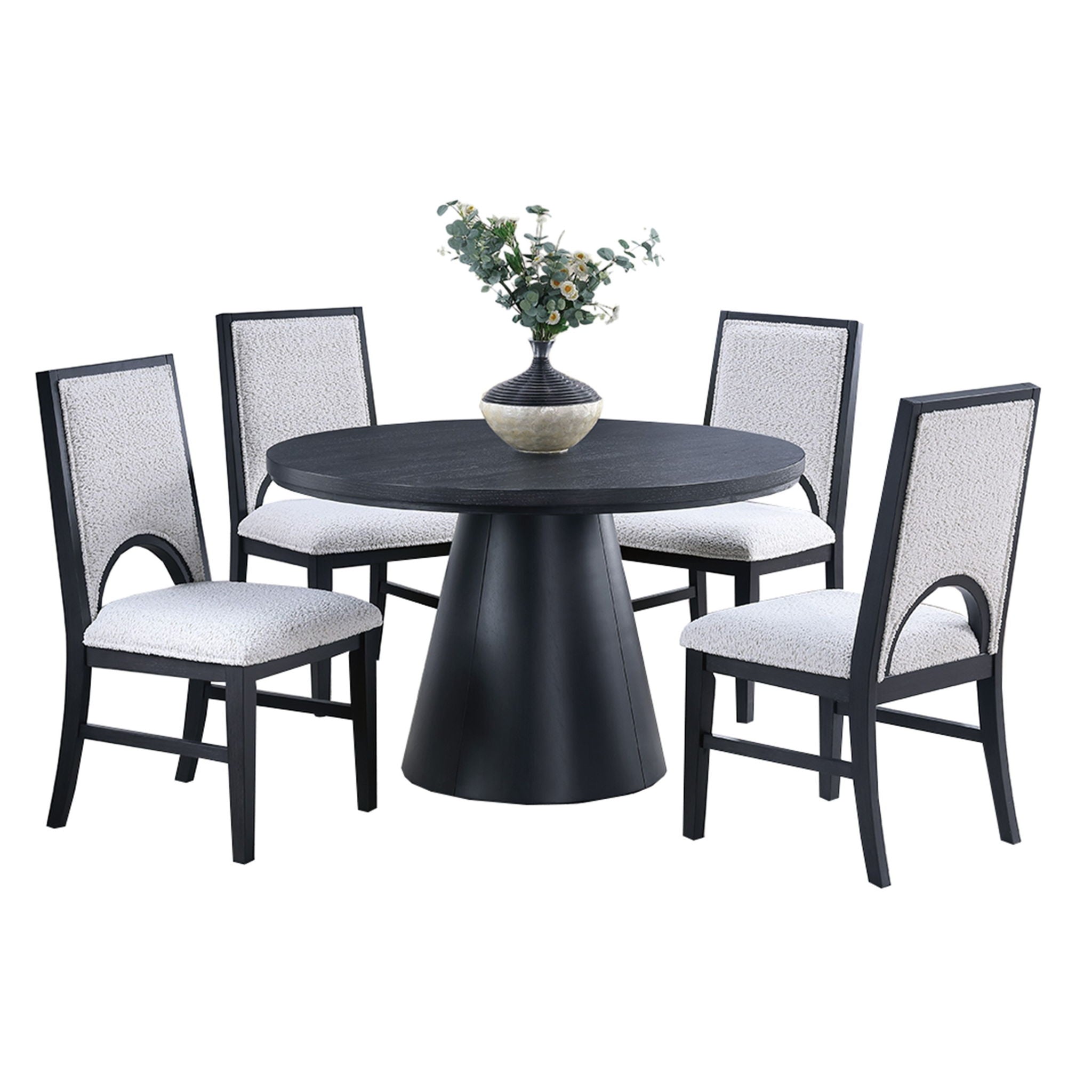 5 Piece Round Dining Set With Upholstered Chairs - Black / White