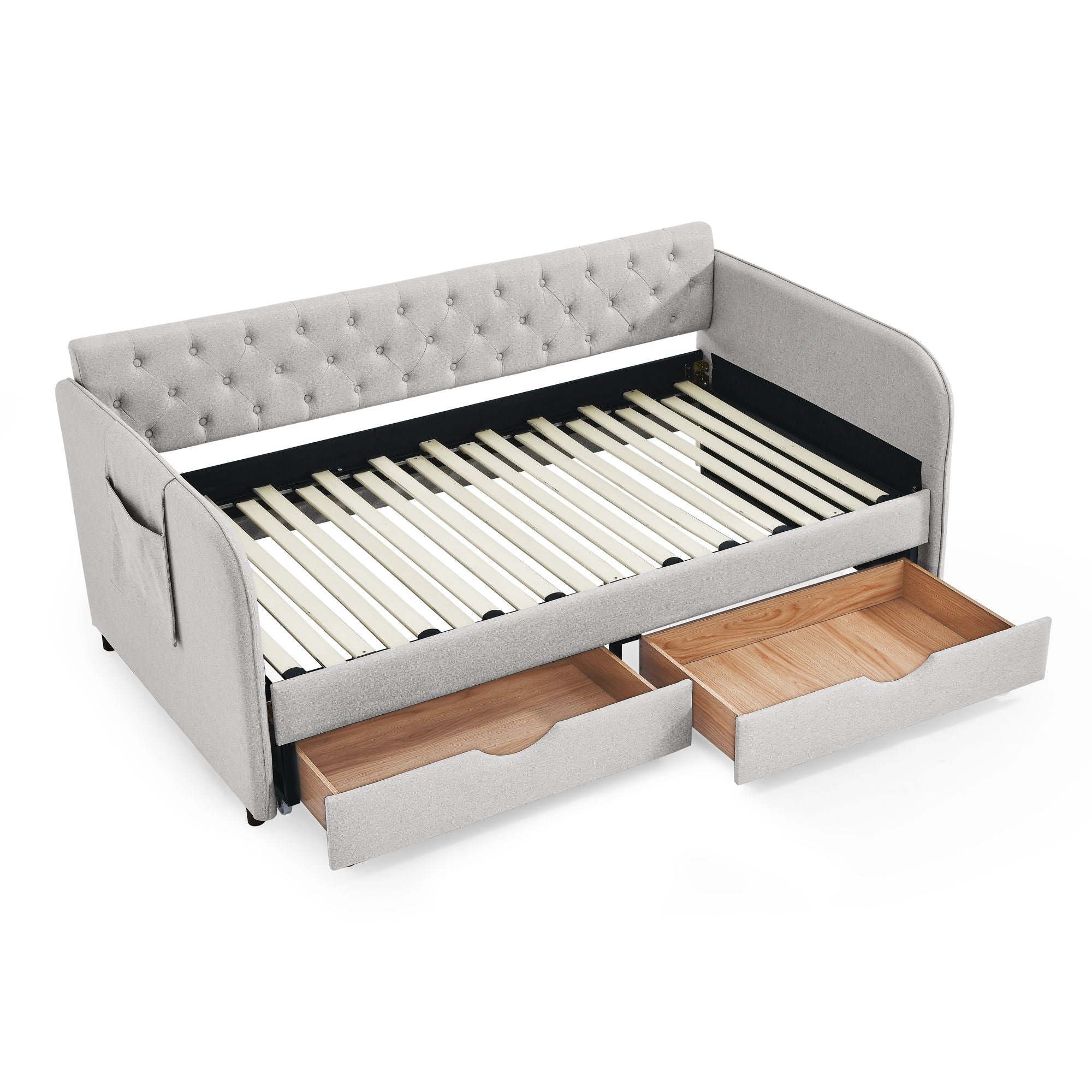 Daybed With Trundle And Storage Drawers, Flat Arms With Pocket