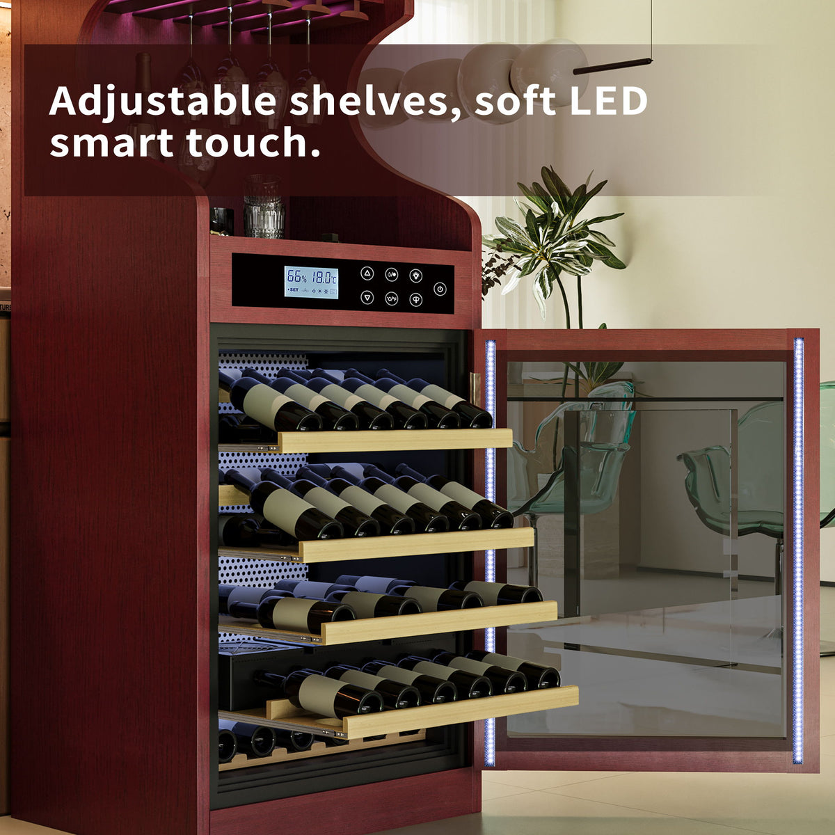 Wine Cooler Cabinet With Touch Control, 43 Bottle Capacity, Humidity & Temperature Regulation - Cherry